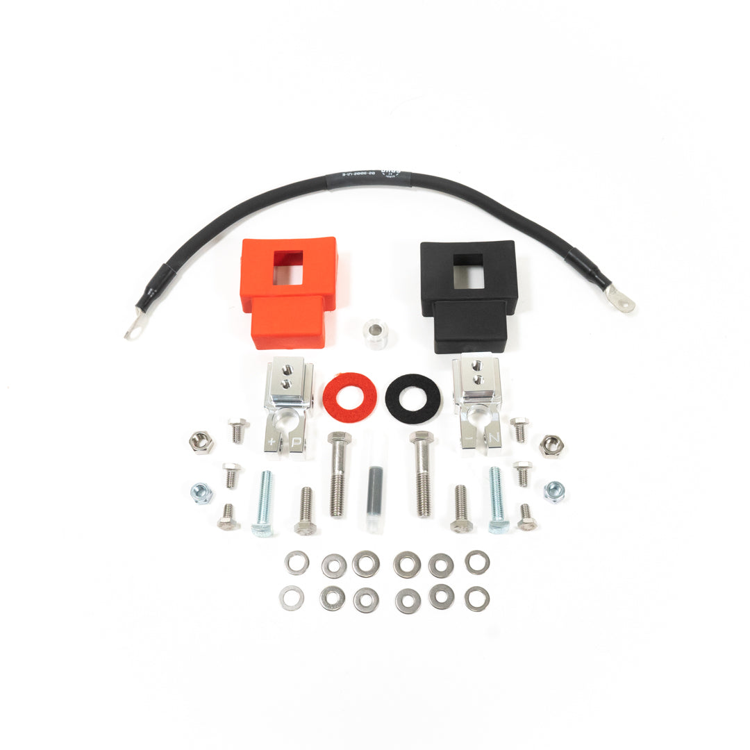 '05-23 Toyota Tacoma Complete Billet Battery Terminal Kit w/ Negative Terminal Wiring Kit Display of Included Parts and Hardware