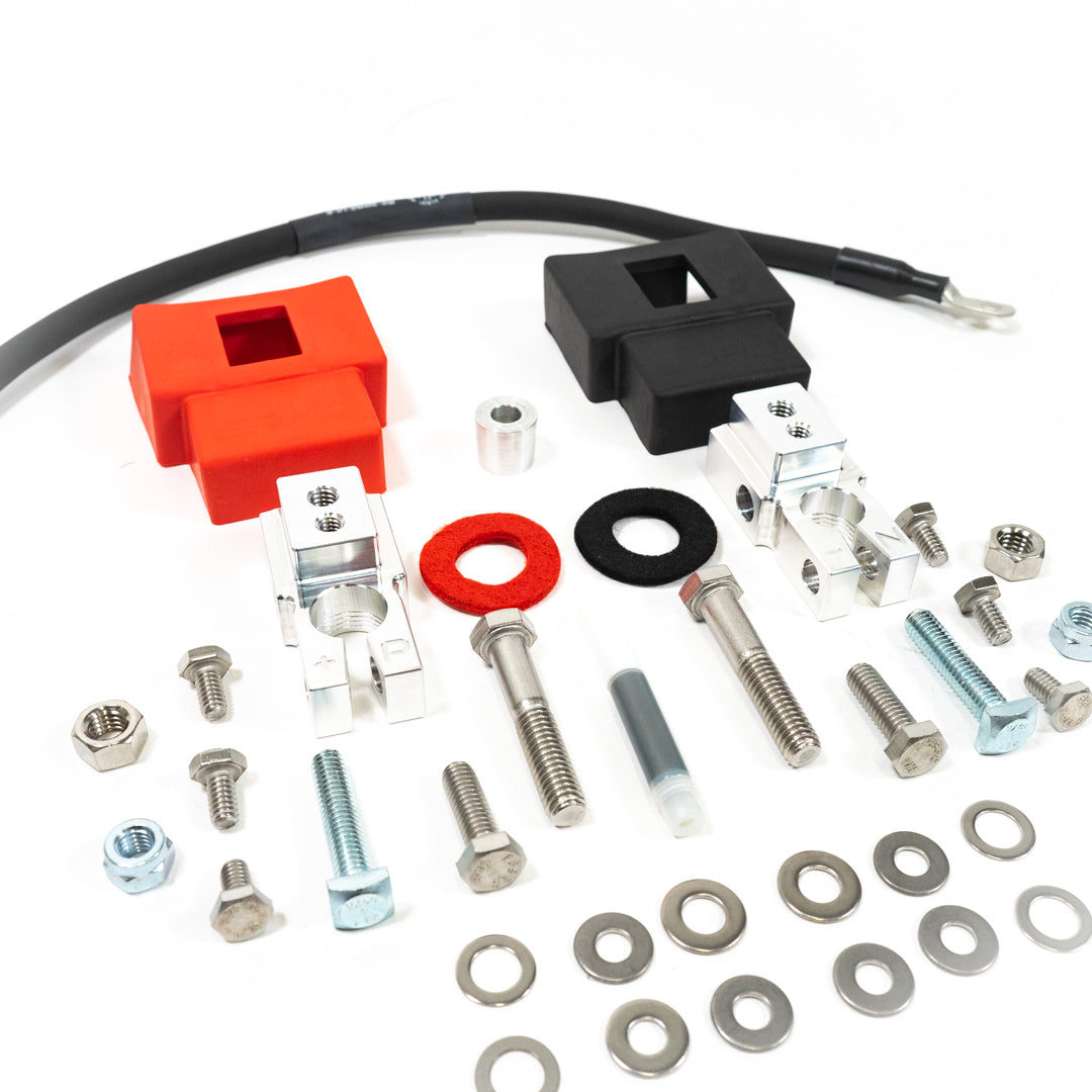 '05-23 Toyota Tacoma Complete Billet Battery Terminal Kit w/ Negative Terminal Wiring Kit Close-up Display of Included Parts and Hardware