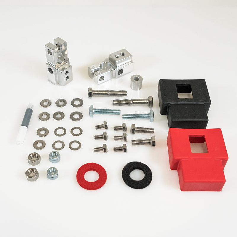 '24 Toyota Tacoma, Non-Hybrid SDHQ Built Complete Billet Battery Terminal Kit Display of included parts and hardware