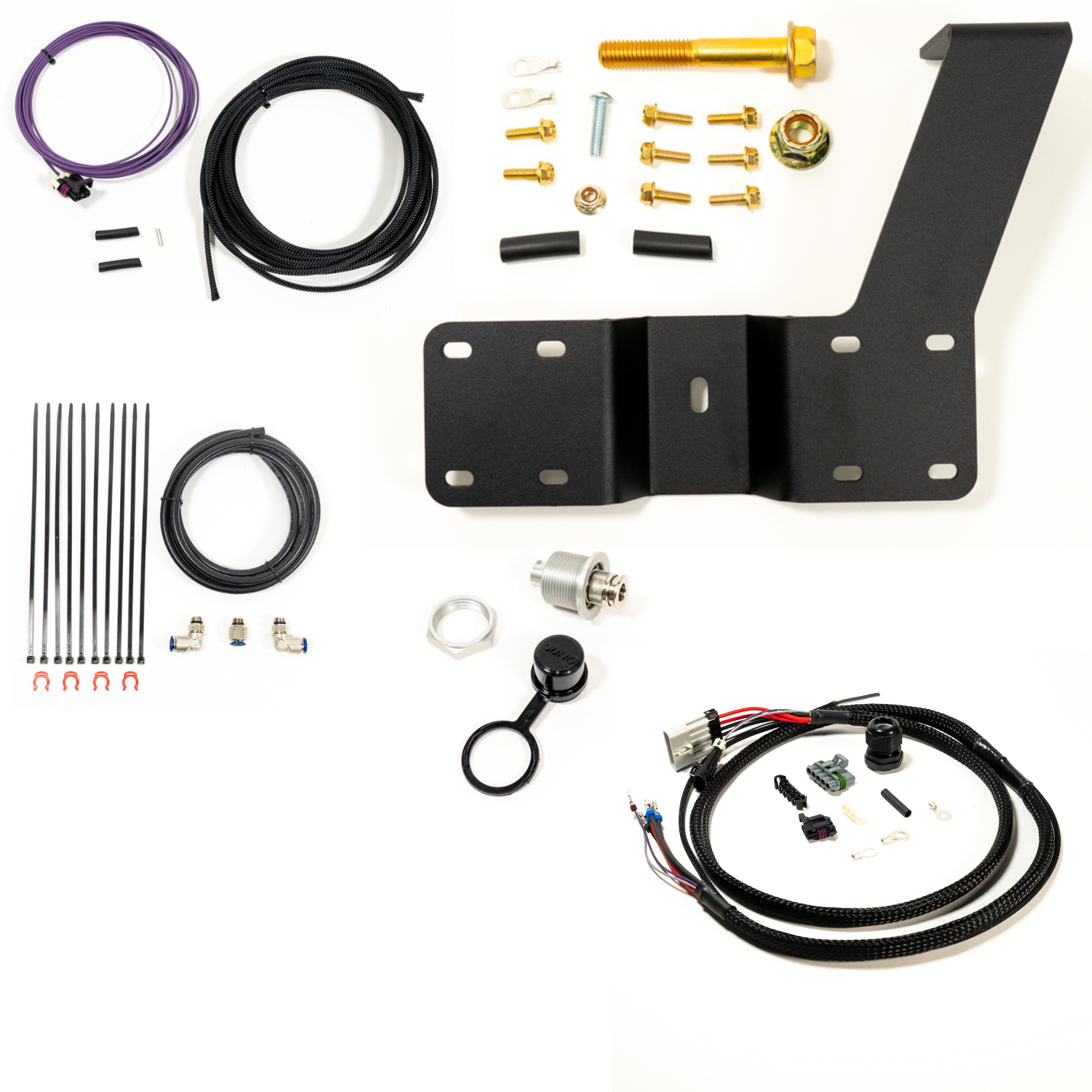 SDHQ Built '24 Tacoma Air Compressor Mount Kit display of included parts and hardware