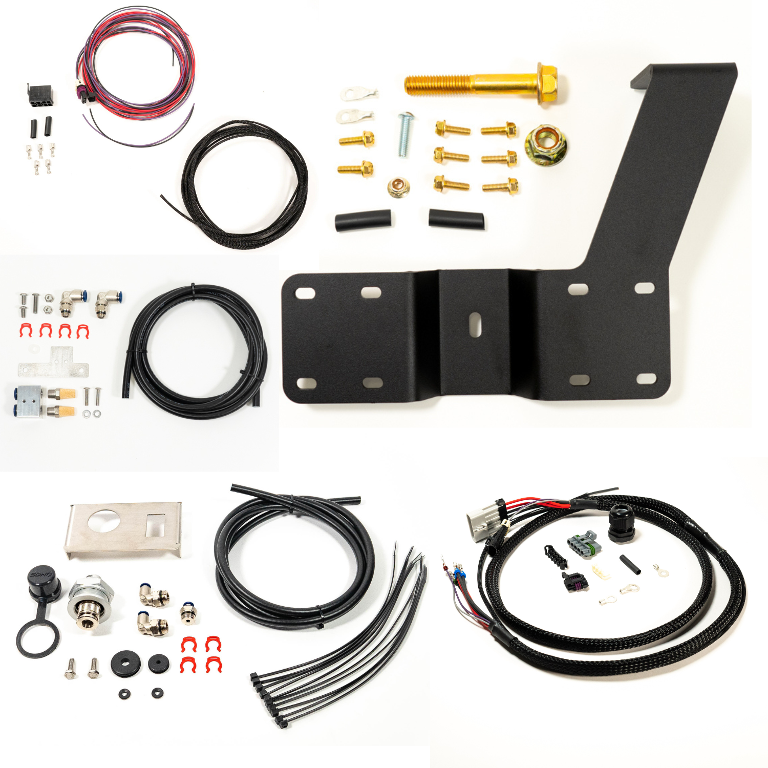 SDHQ Built '24 Tacoma Air Compressor Mount Kit Display of included parts and hardware