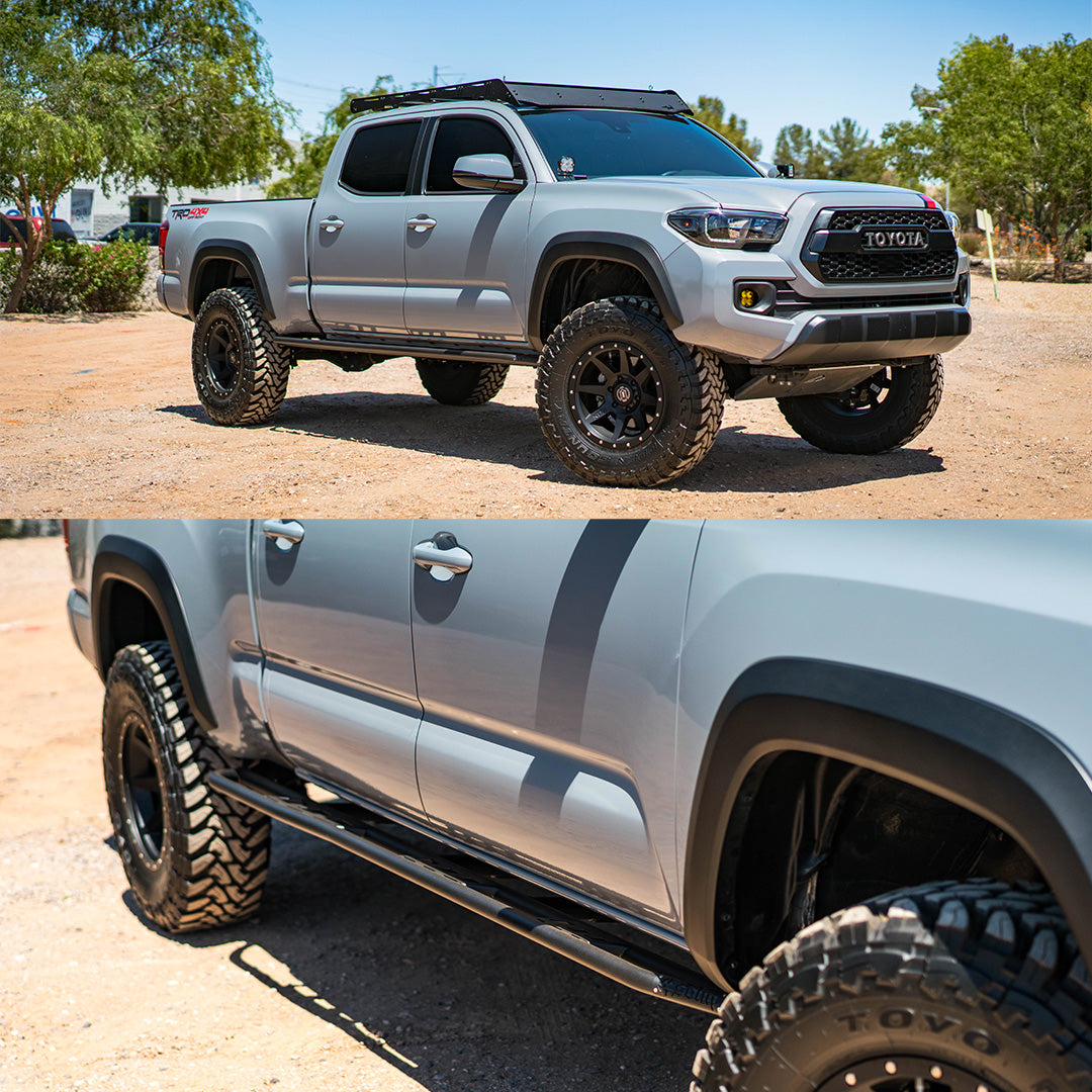'16-23 Toyota Tacoma Long Bed SDHQ Built Rock Sliders display on vehicle