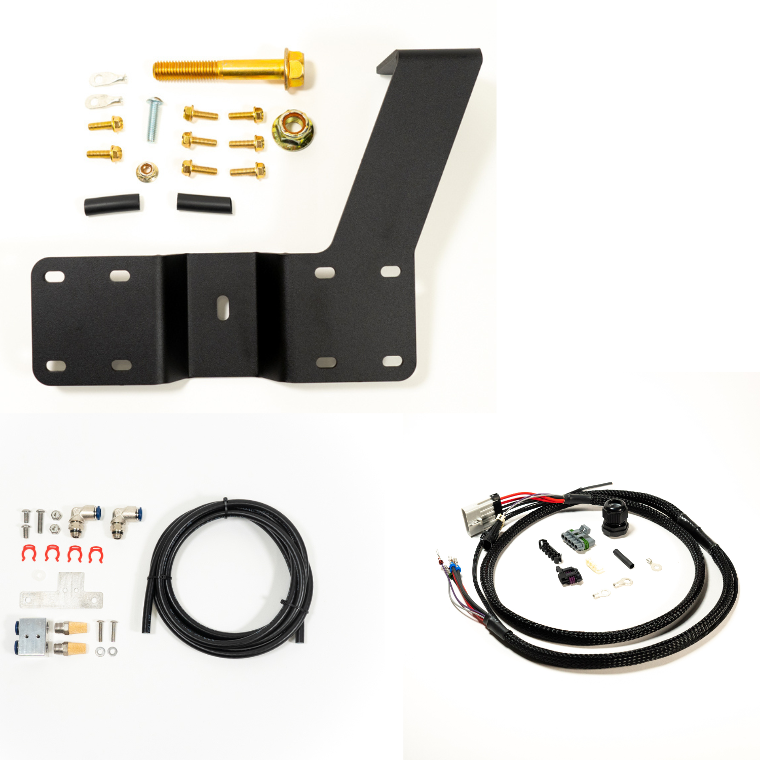 SDHQ Built '24 Tacoma Air Compressor Mount Kit Display of included parts and hardware