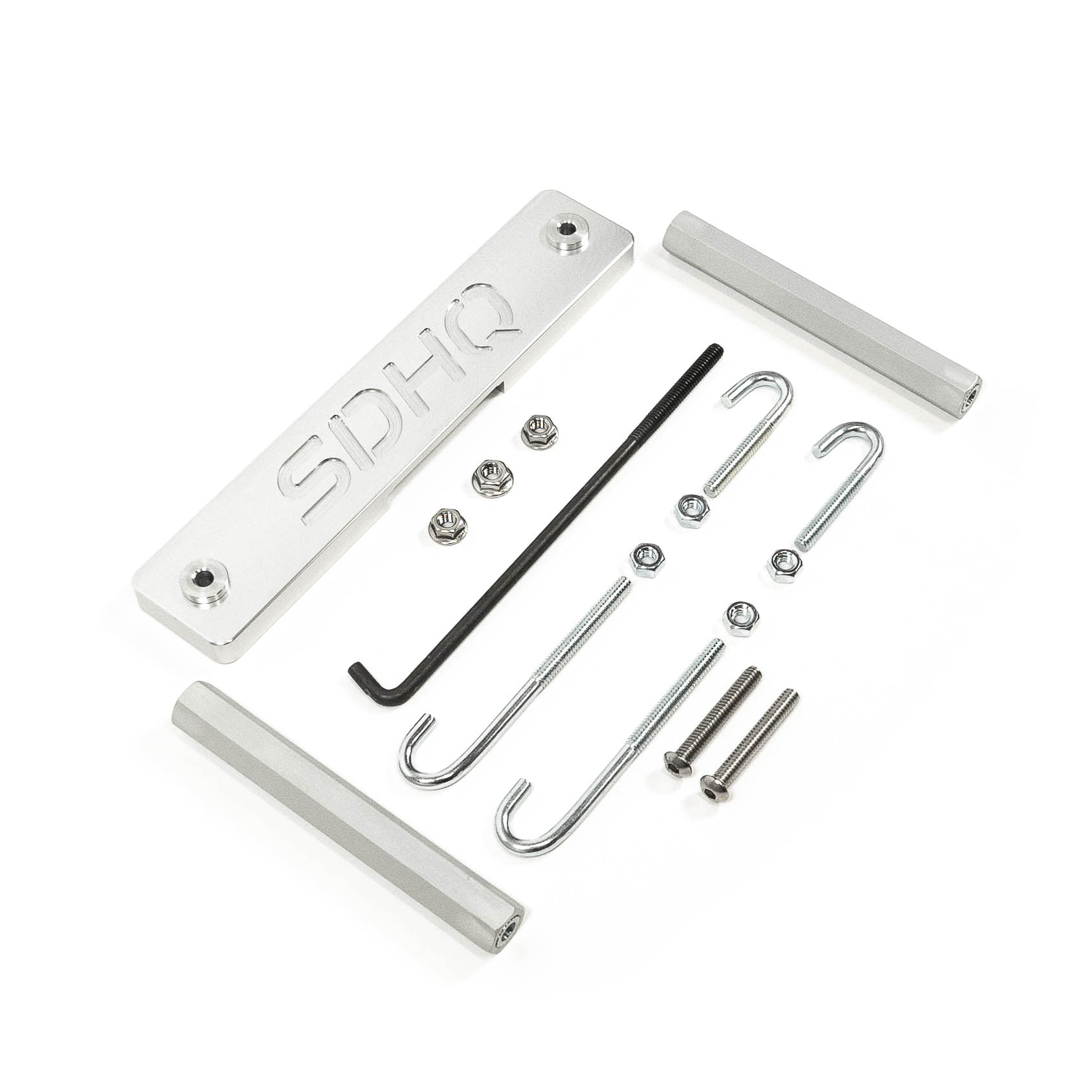 SDHQ Built Toyota Complete Billet 24F/27F Battery Hold Down Kit Display of included parts
