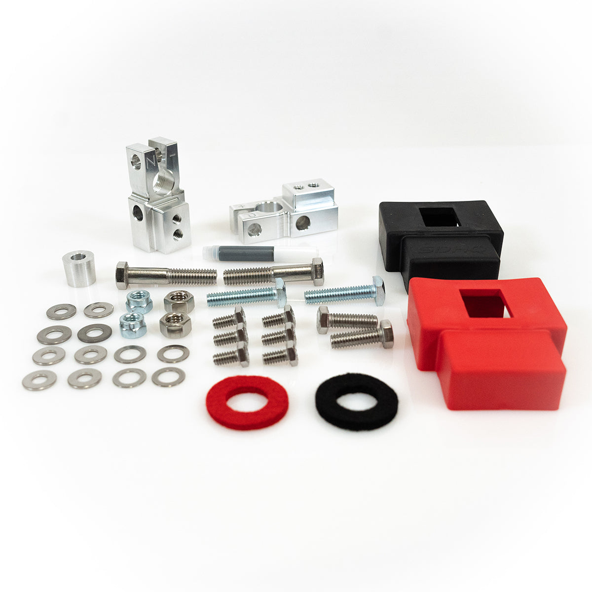 '24 Toyota Tacoma, Non-Hybrid SDHQ Built Complete Billet Battery Terminal Kit Display of included parts and hardware
