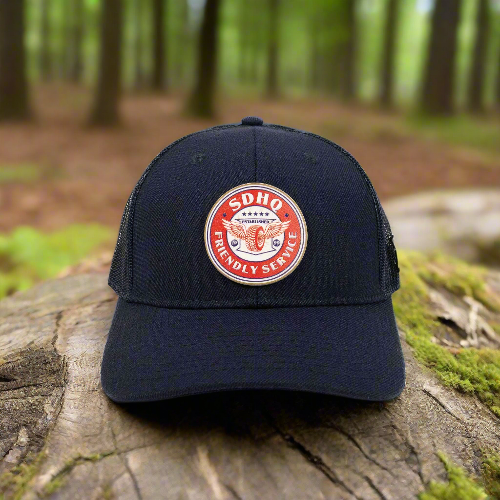 Curved Bill Trucker Hat w/ PVC Friendly Service Patch Front view Display