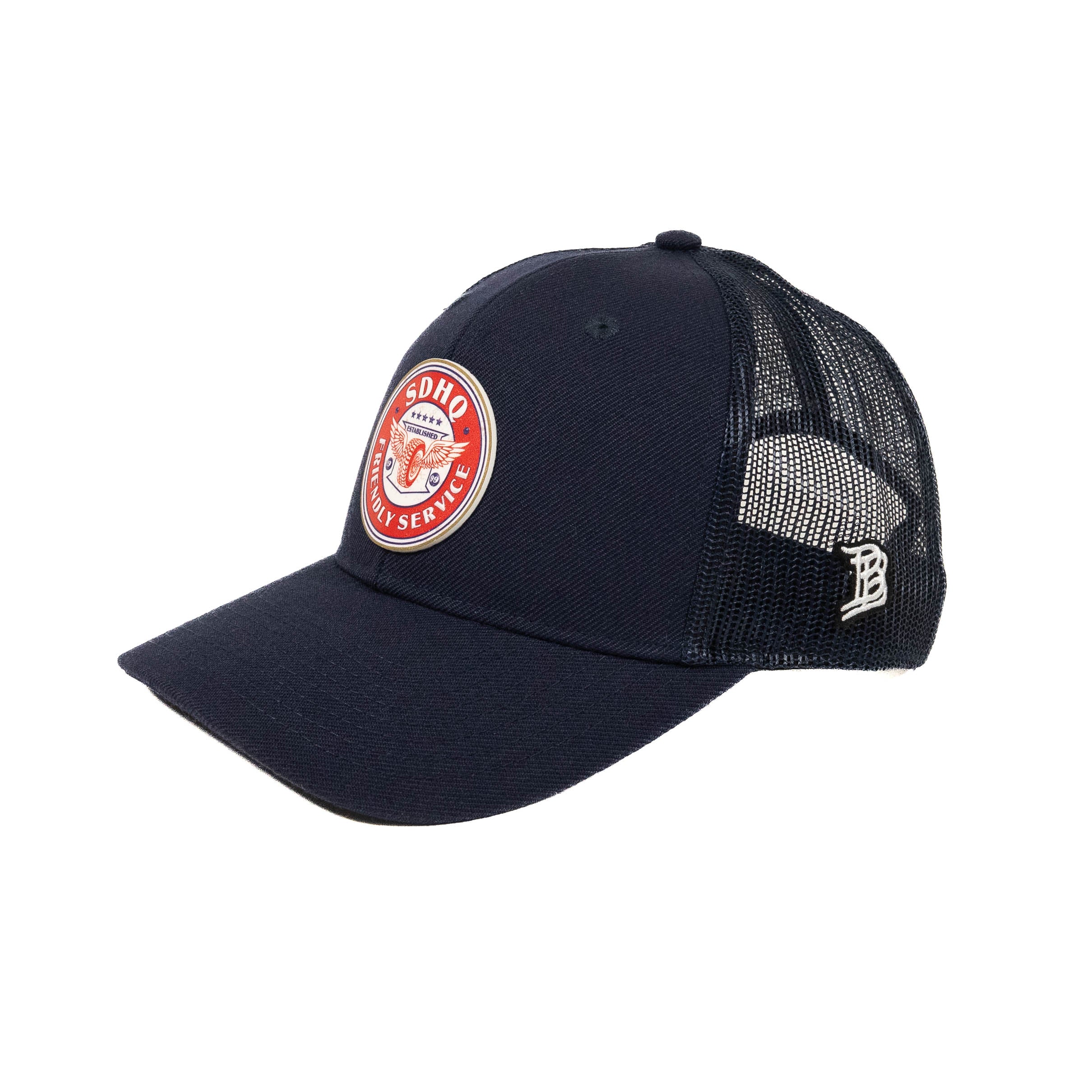Curved Bill Trucker Hat w/ PVC Friendly Service Patch Side View Display