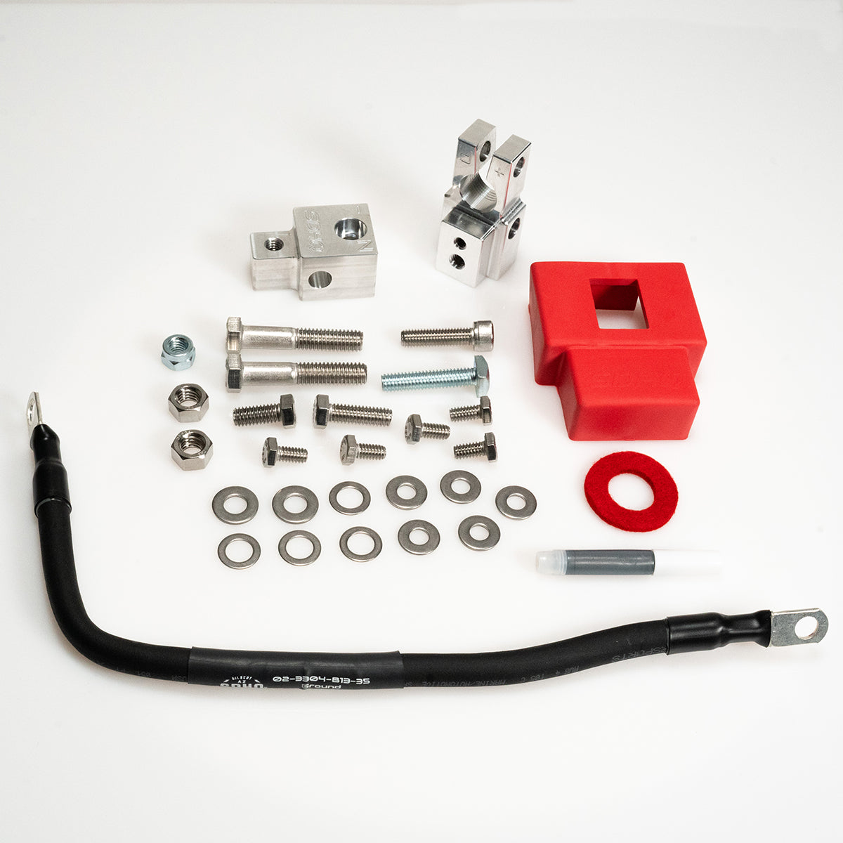 '22-24 Toyota Tundra SDHQ Built Billet Battery Terminal Kit Display of Included Parts and Hardware