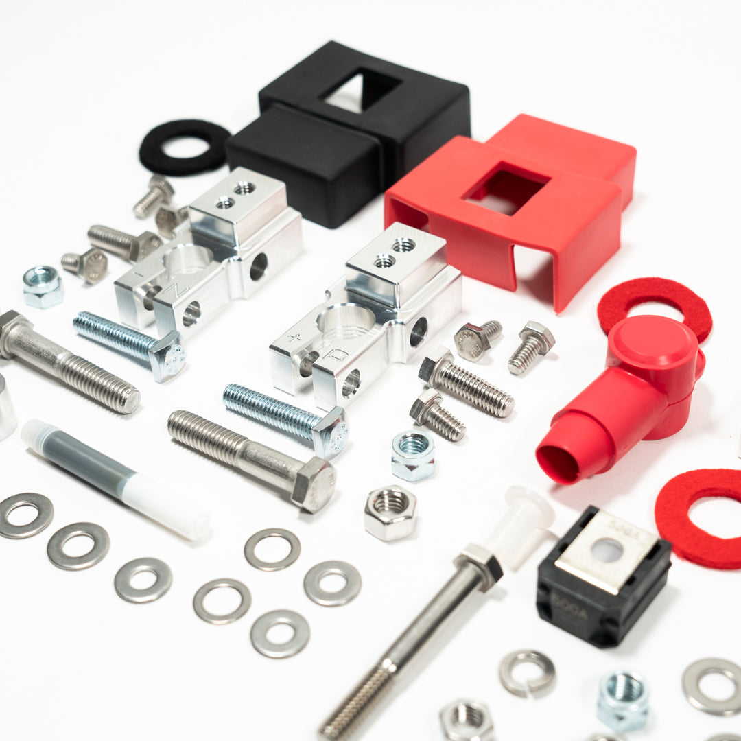 2022-2023 Tundra Hybrid SDHQ Built Under Hood Power Solution Kit Close-up display of terminals included parts and hardware