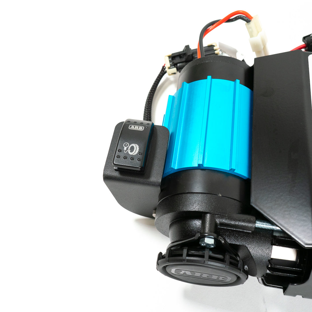 SDHQ Built ARB Twin Compressor Switch Mount Kit with S1 Harness Close-up Display on compressor