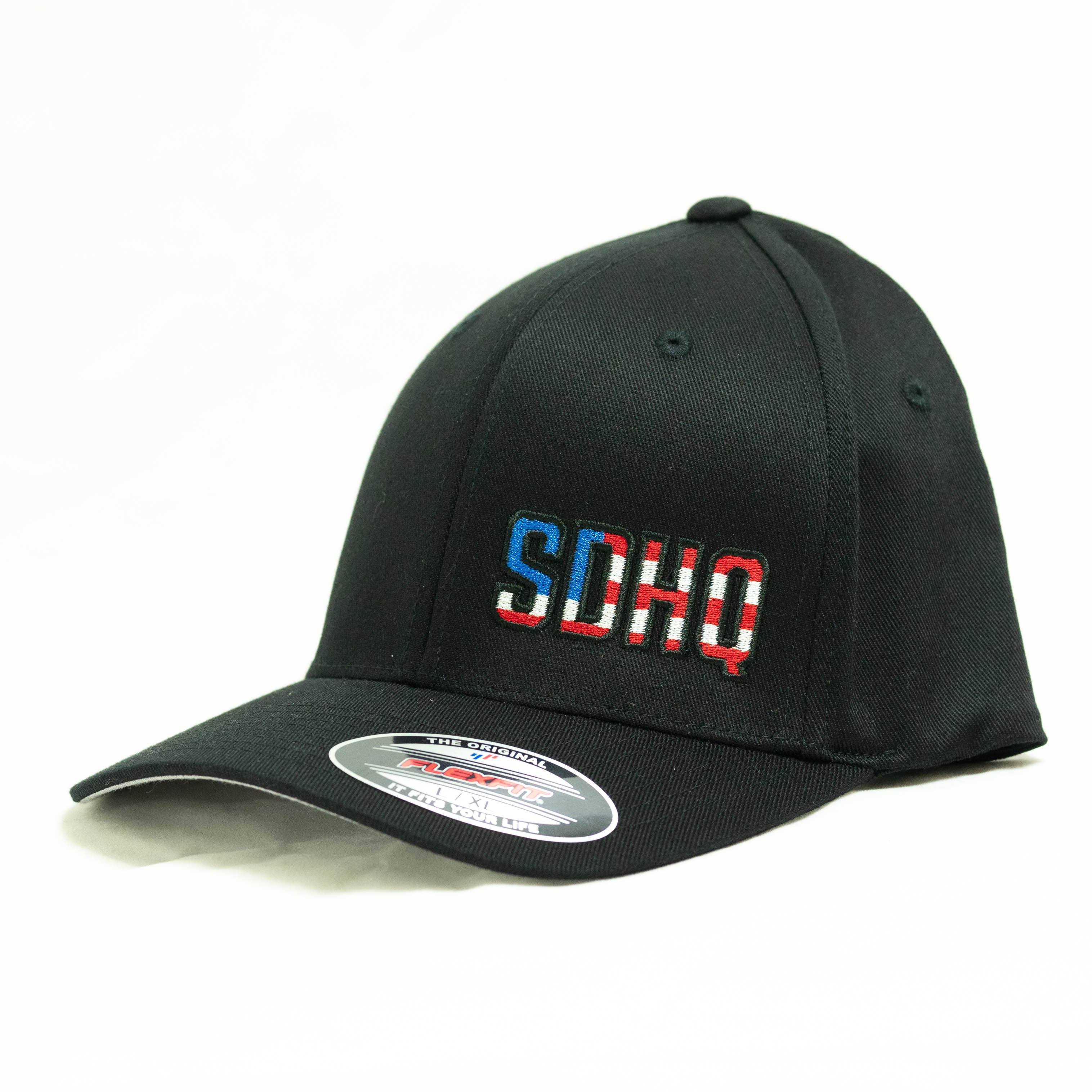 SDHQ USA Black Flex Fit Hat Angled Front View