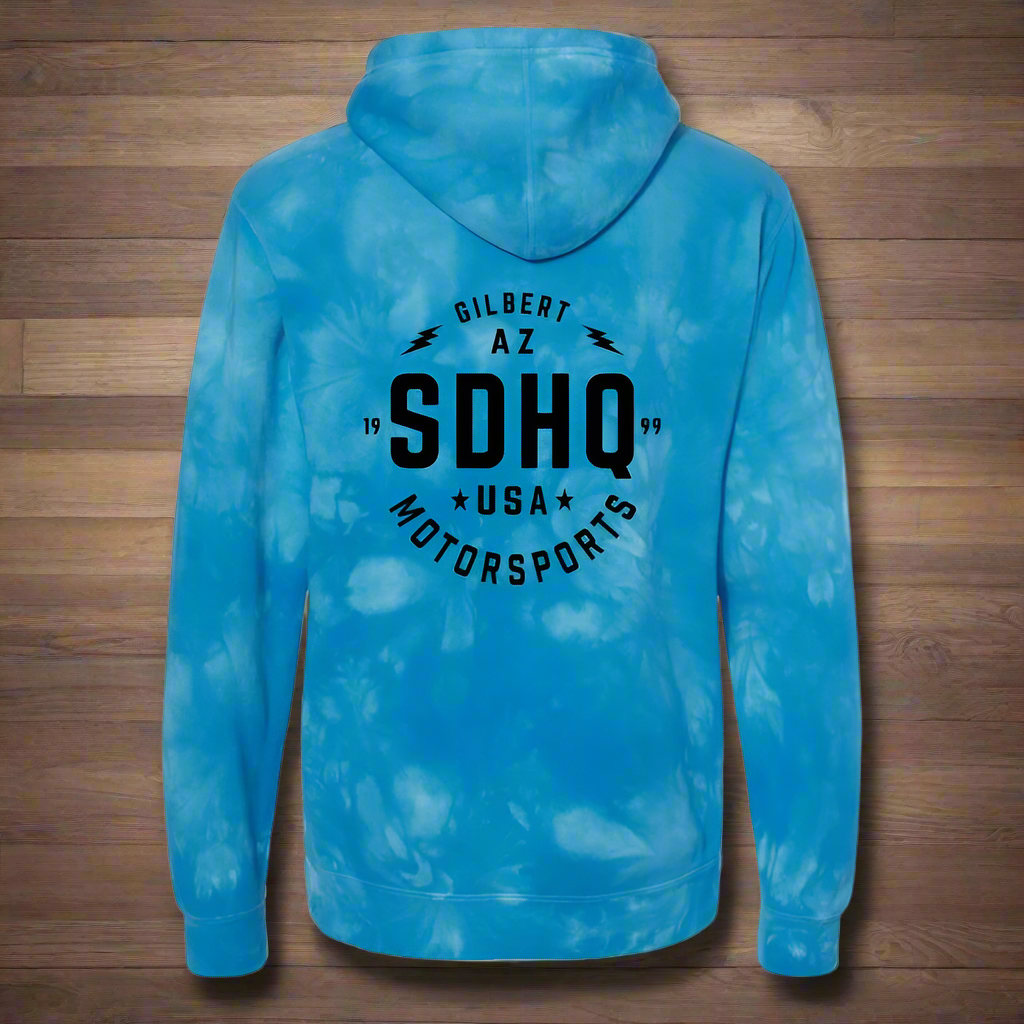 SDHQ Motorsports Blue Tie-Dye Hoodie Back View Display