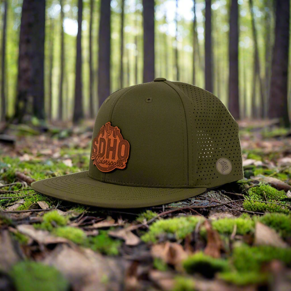 The Elite Hat w/ Leather SDHQ Motorsports Logo Angled View display