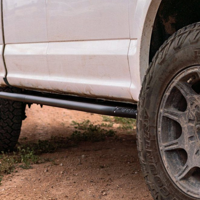 '15-23 Ford F150 Super Crew SDHQ Built Weld-On Rock Sliders Close-up Display installed on vehicle