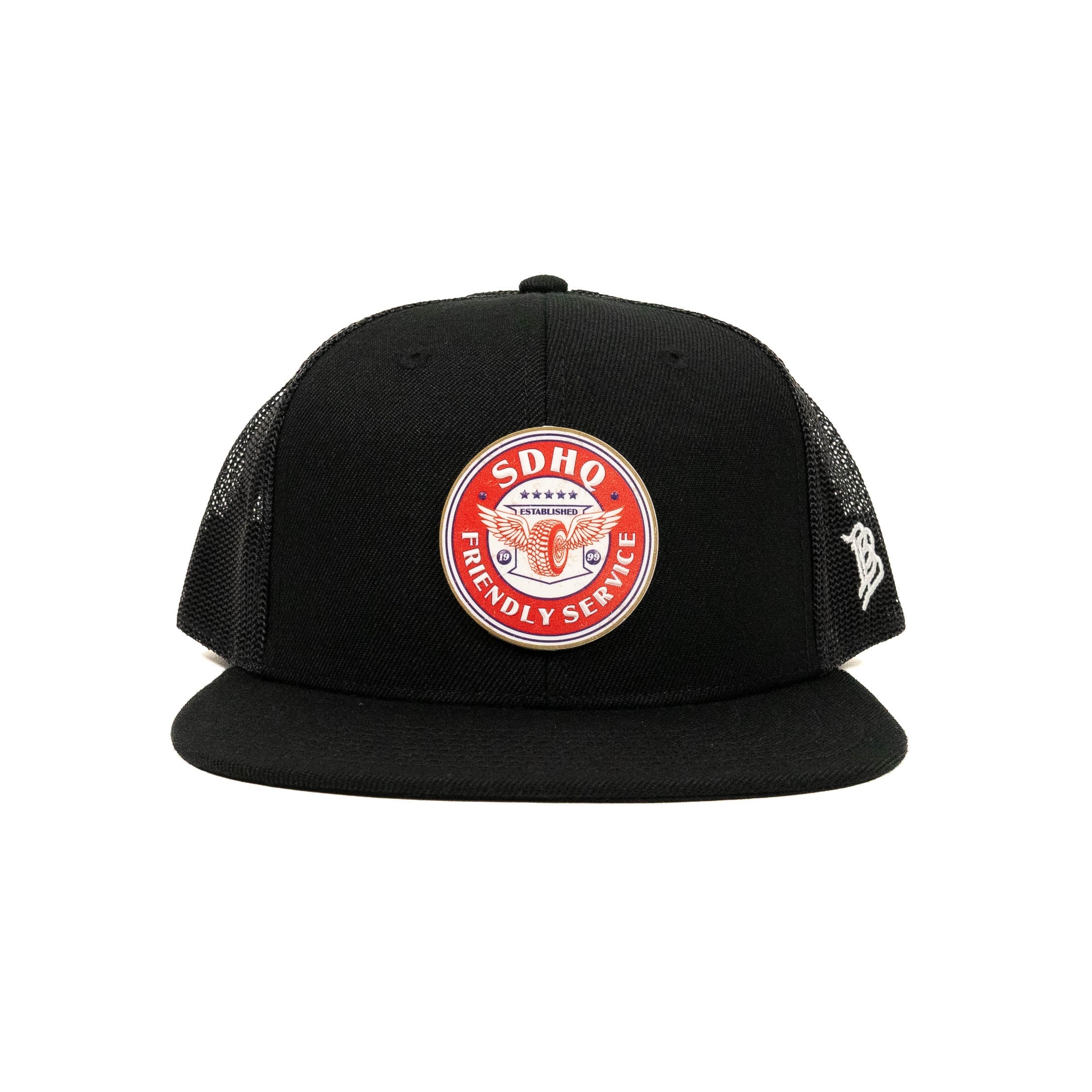 Flat Bill Trucker Hat w/ PVC Friendly Service Patch Front View Display