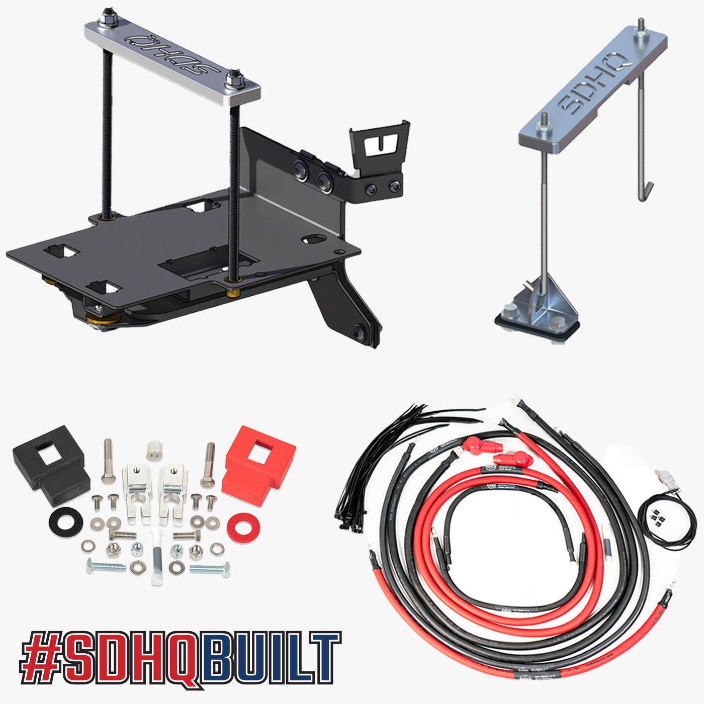 '08-21 200 Series Toyota Land Cruiser "Build your Own" SDHQ Dual Battery Kit Display of Included Tray, additional wiring, terminals, and hold down