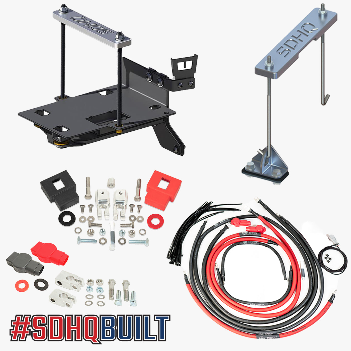 '08-21 200 Series Toyota Land Cruiser "Build your Own" SDHQ Dual Battery Kit Display of Included Tray, Additional wiring, hold down, and terminals