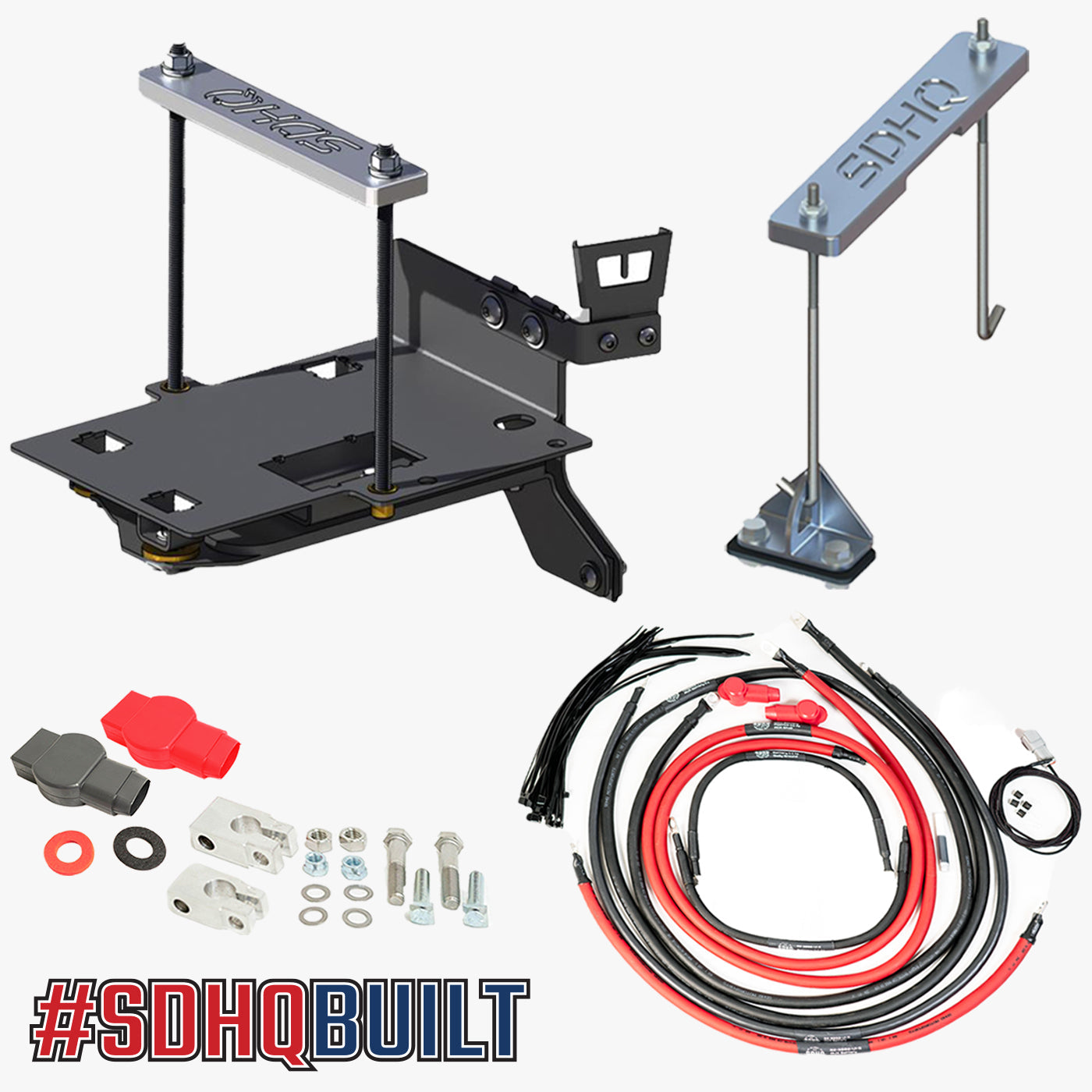 '08-21 200 Series Toyota Land Cruiser "Build your Own" SDHQ Dual Battery Kit Display of Included Tray additional wiring, hold down, and terminals