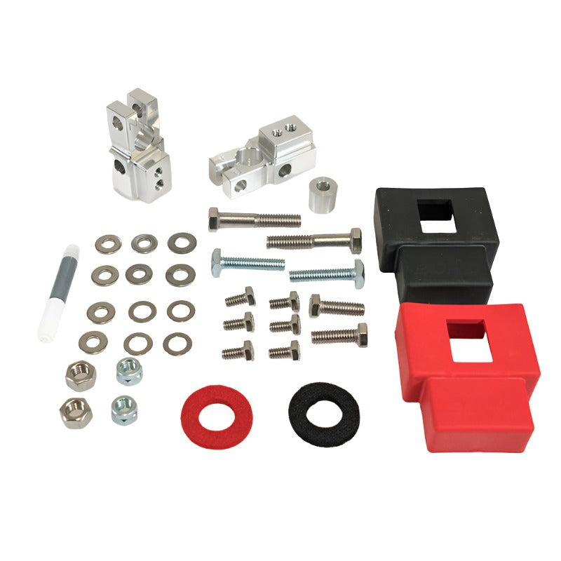 SDHQ Built Complete Billet Battery Terminal Kit Display of Included Parts