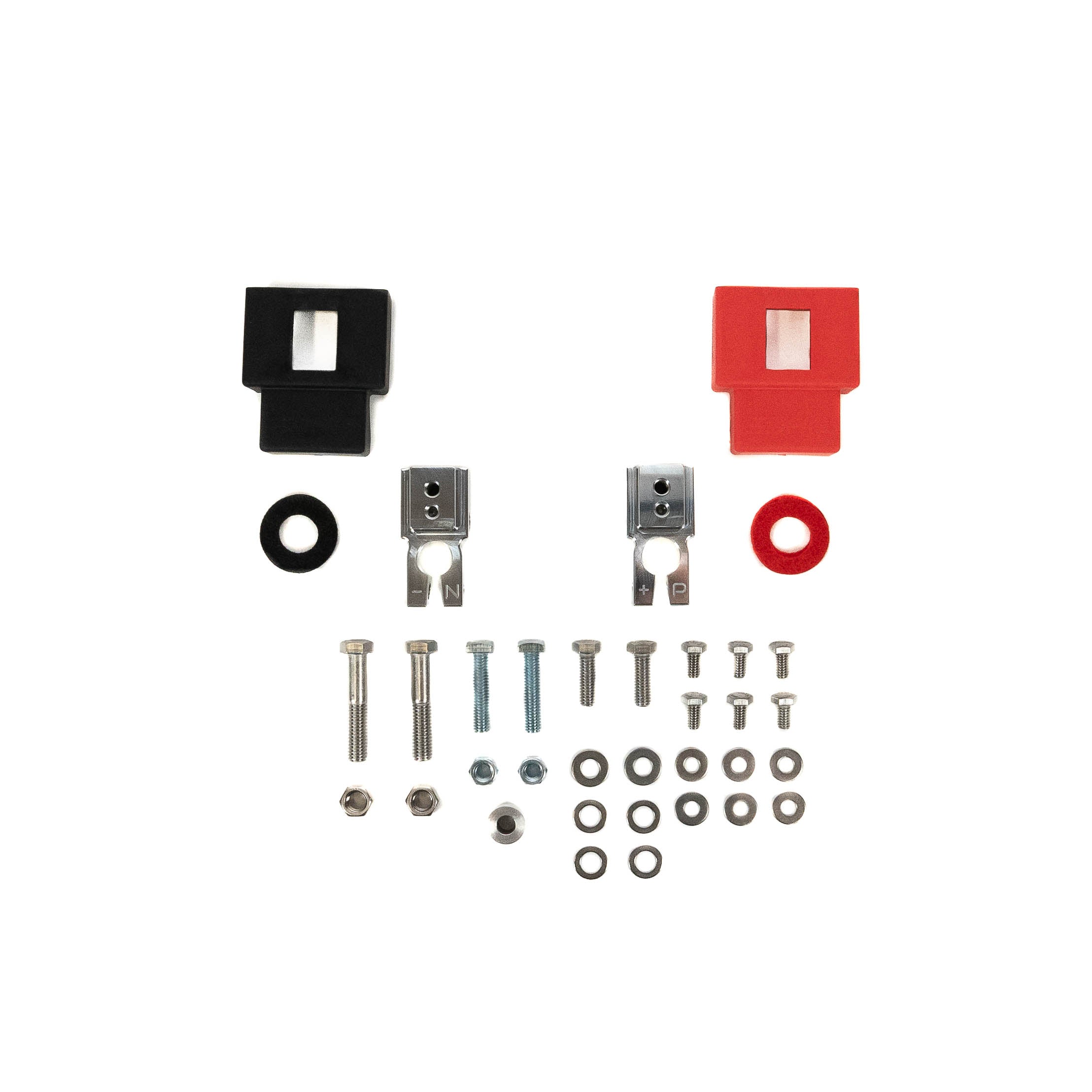 SDHQ Built Complete Billet Battery Terminal Kit Display of Included Parts