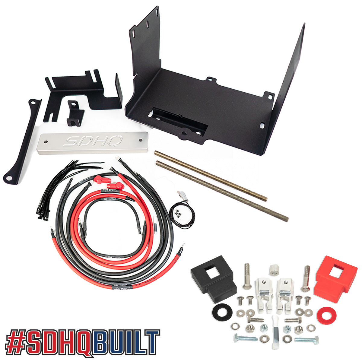 '16-23 Toyota Tacoma SDHQ Built "Build your Own" Dual Battery Kit display of included tray, additional wiring, terminals, hold down