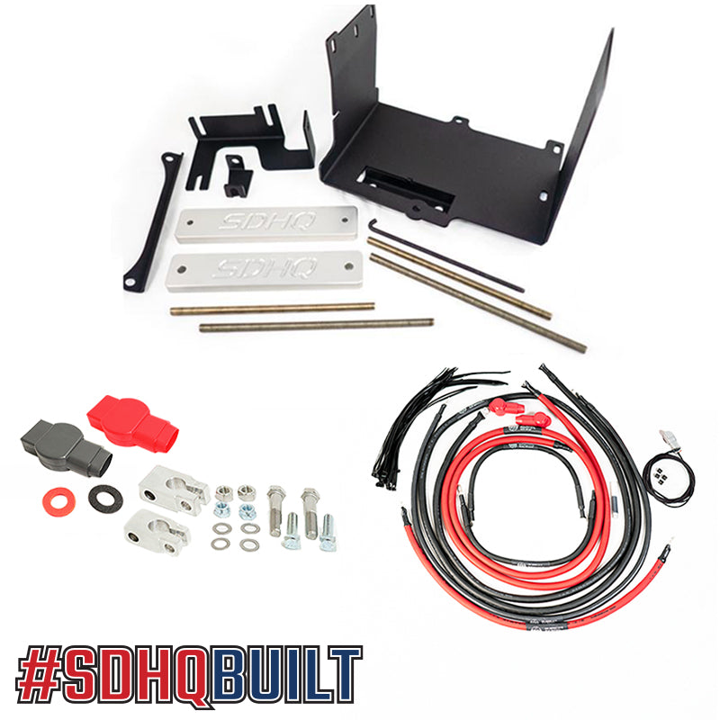 '16-23 Toyota Tacoma SDHQ Built "Build your Own" Dual Battery Kit Display of included tray, additional wiring, hold downs, threaded rods, and terminals