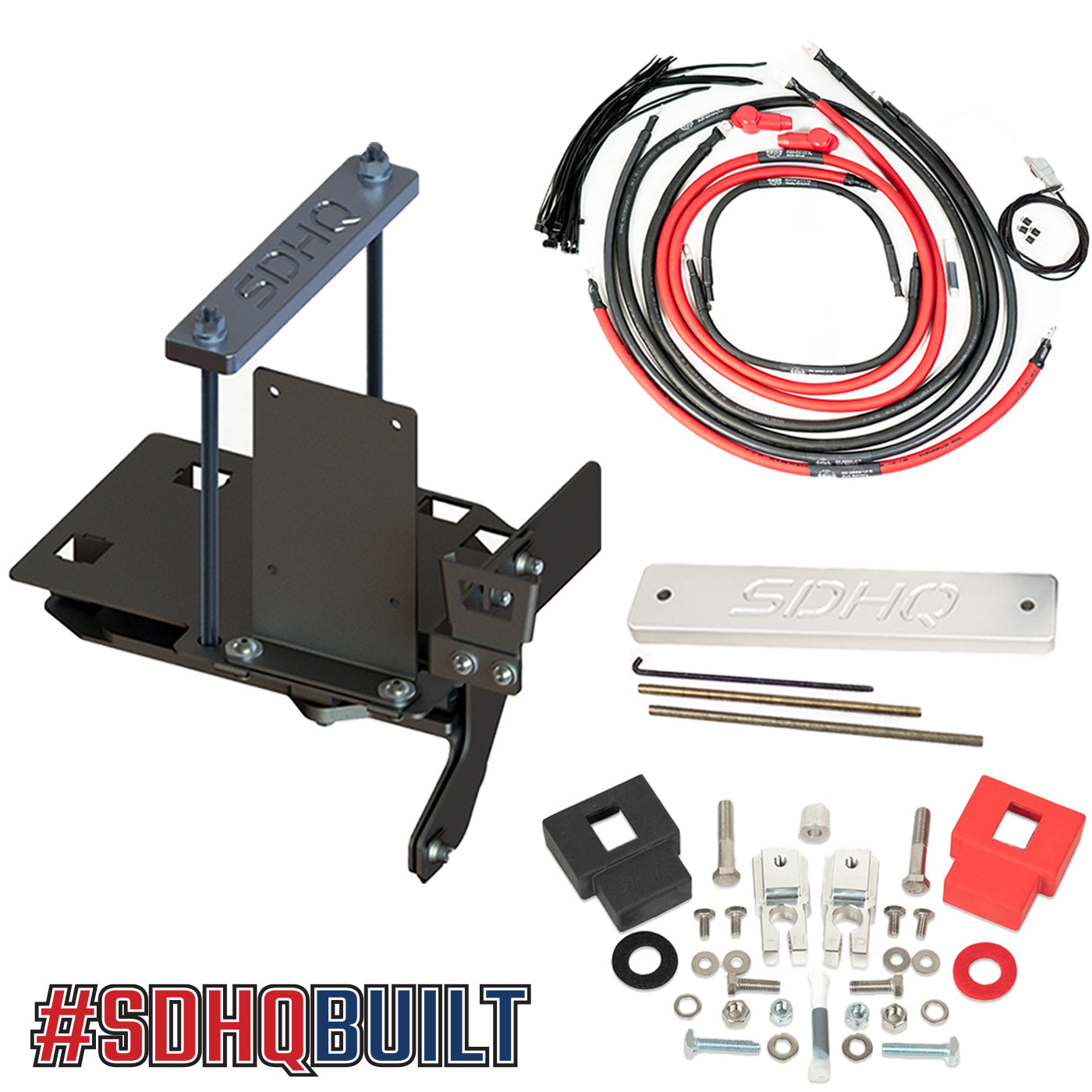 '07-21 Toyota Tundra SDHQ Built "Build your Own" Dual Battery Kit display of included tray, additional wiring, terminals, and hold down