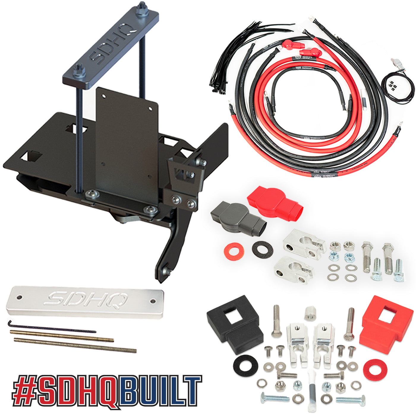 '07-21 Toyota Tundra SDHQ Built "Build your Own" Dual Battery Kit Display of included tray, additional wiring, terminals, and hold down