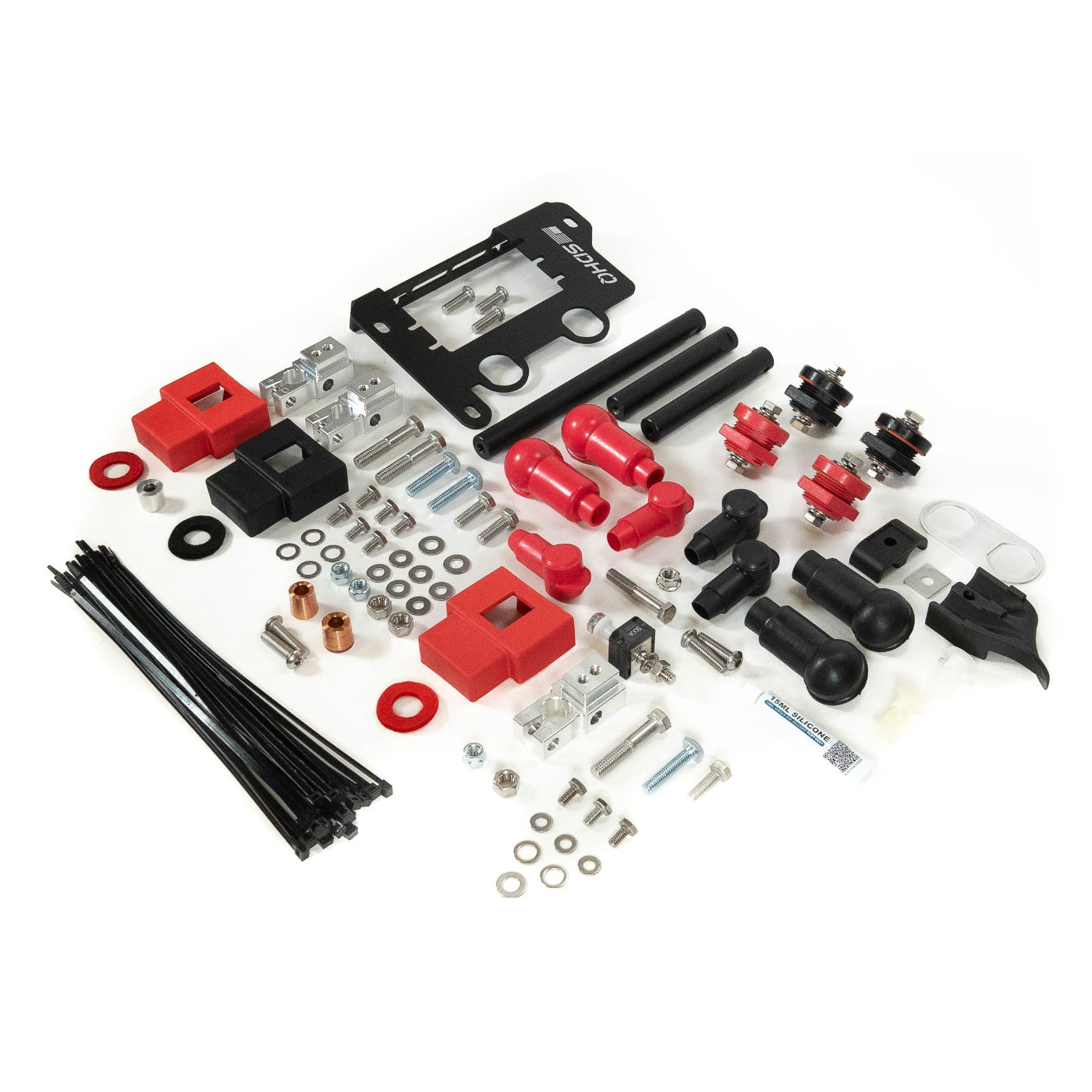 2024+ Tacoma SDHQ Built Power Solution Kit display of included parts without the cables to show closer view of small parts