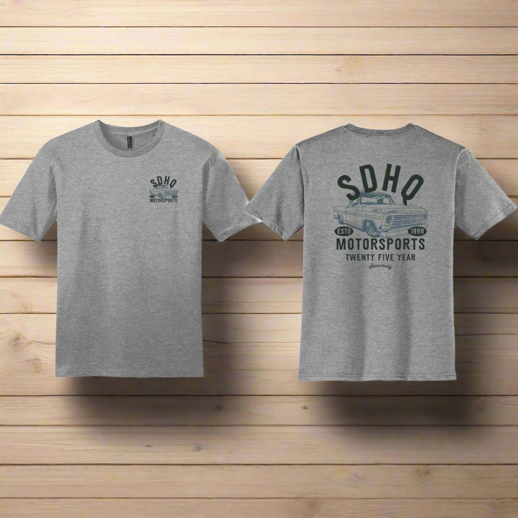SDHQ Motorsports 25 Year Anniversary T-Shirt Front and Back Display