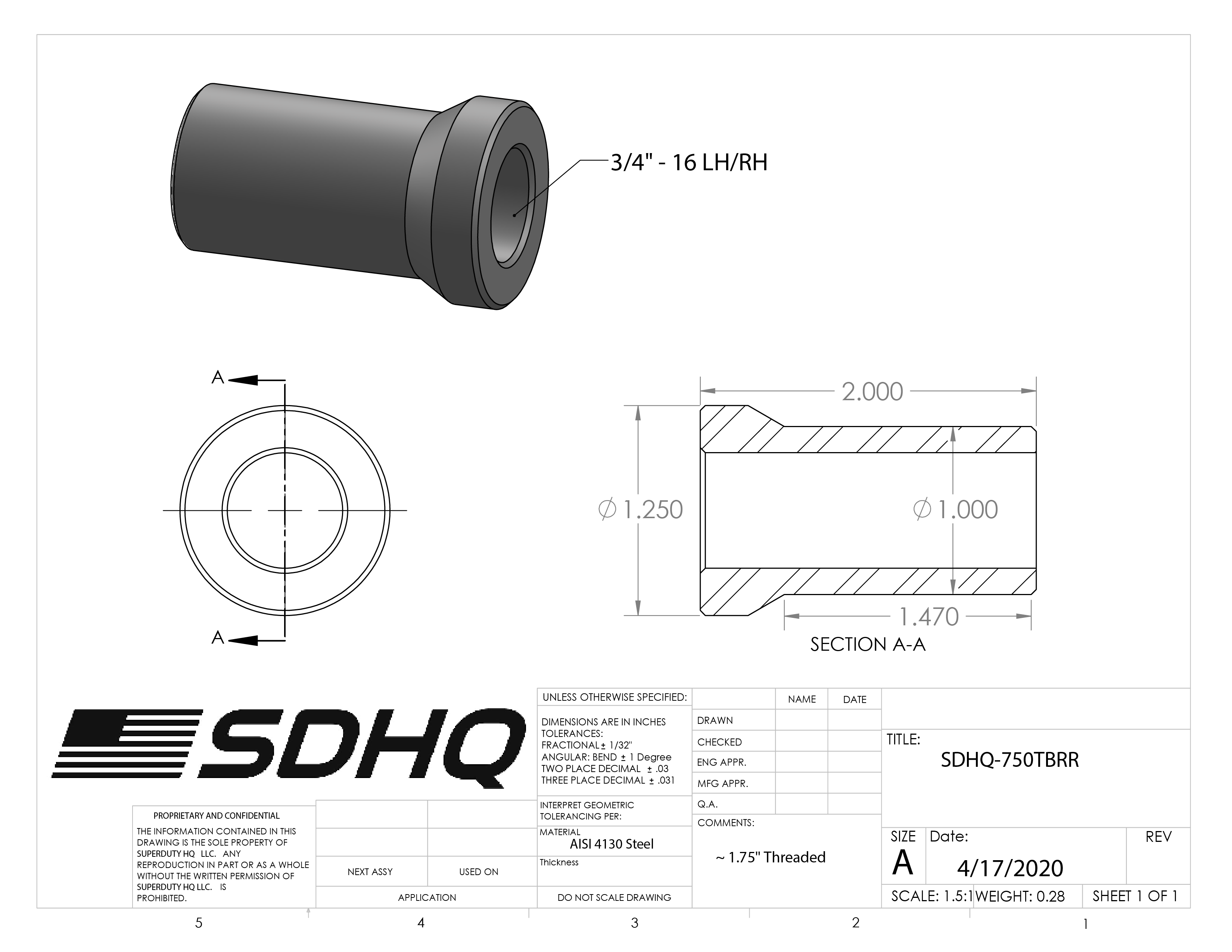 3/4" Race Style Chromoly Bung-1.25"x .120 Wall-16 LH/RH Race Style Bung Measurements
