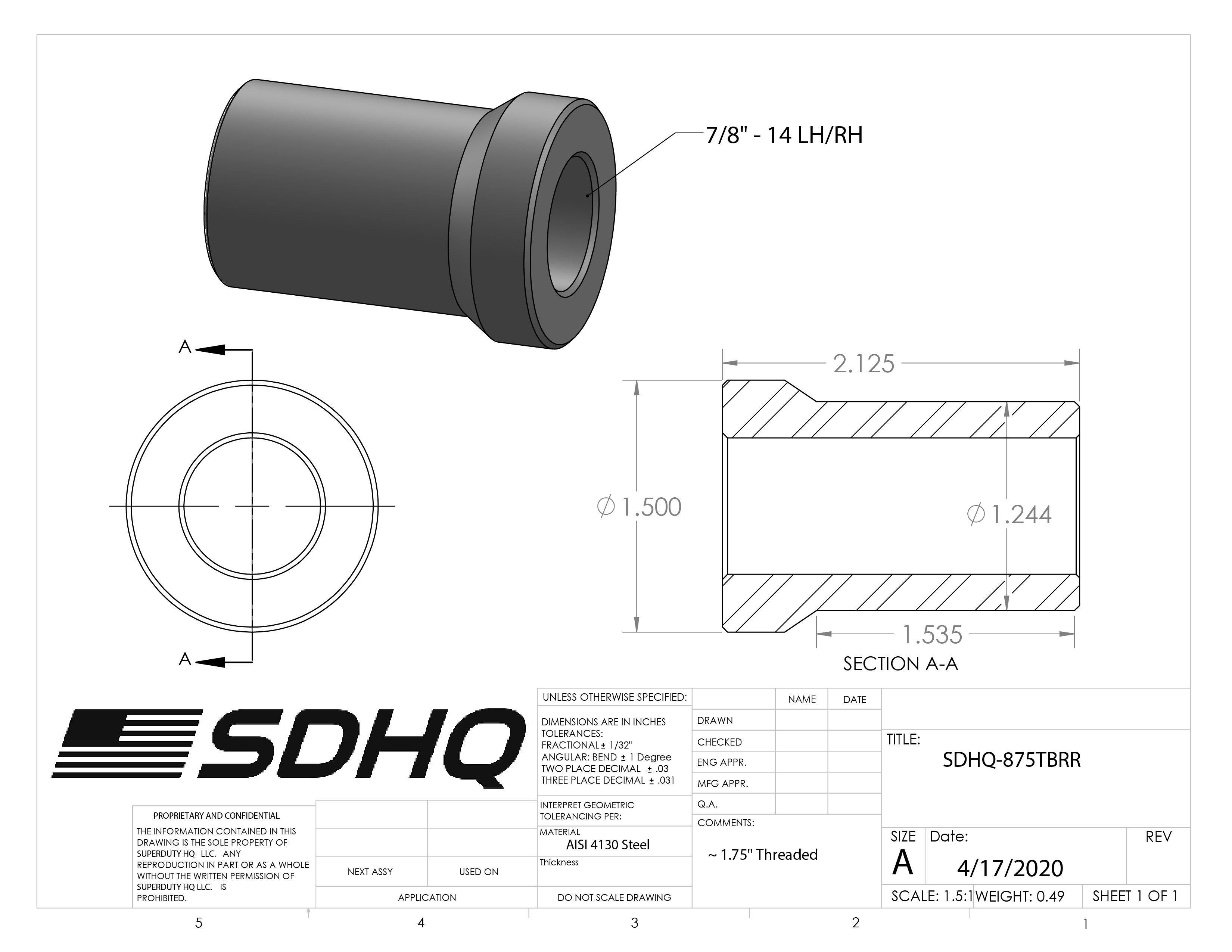7/8" Race Style Chromoly Bung-14 LH/RH Race Style Bung measurements