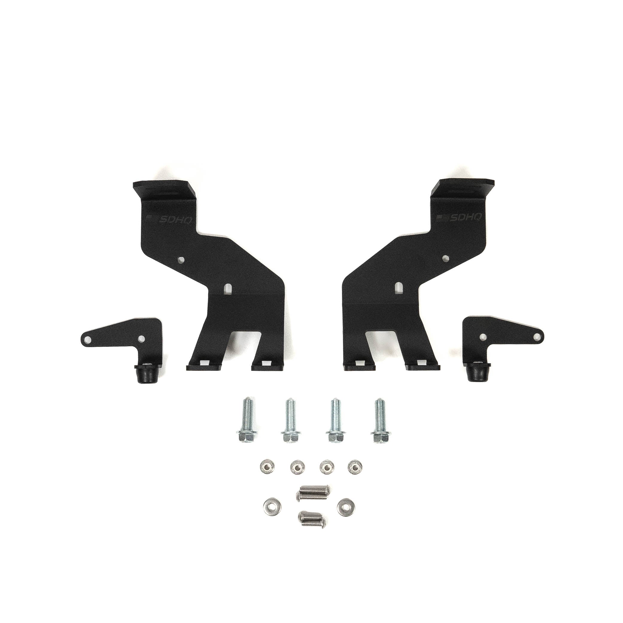 SDHQ Built '24 LC250 A-Pillar Light Mounts Display of included parts and hardware 