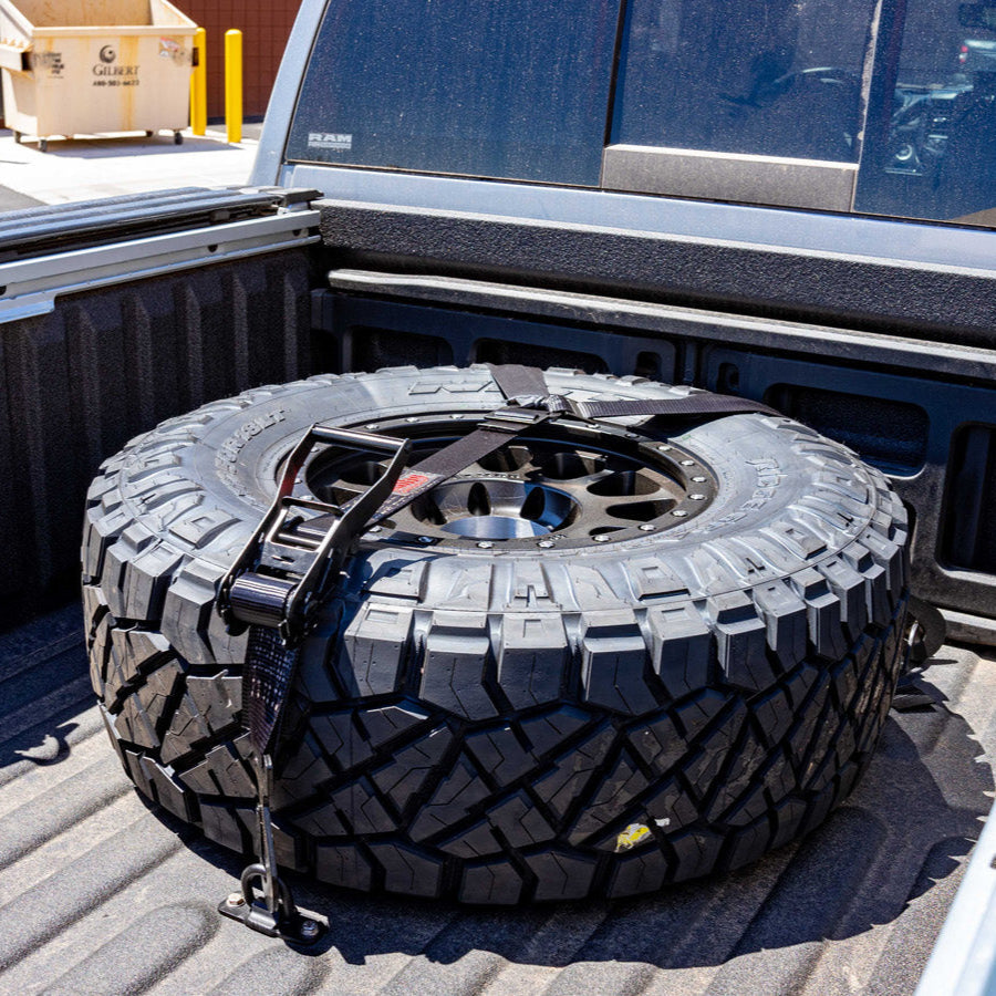 SDHQ 2" 3-Way Adjustable Spare Tire Strap Display in Vehicle 