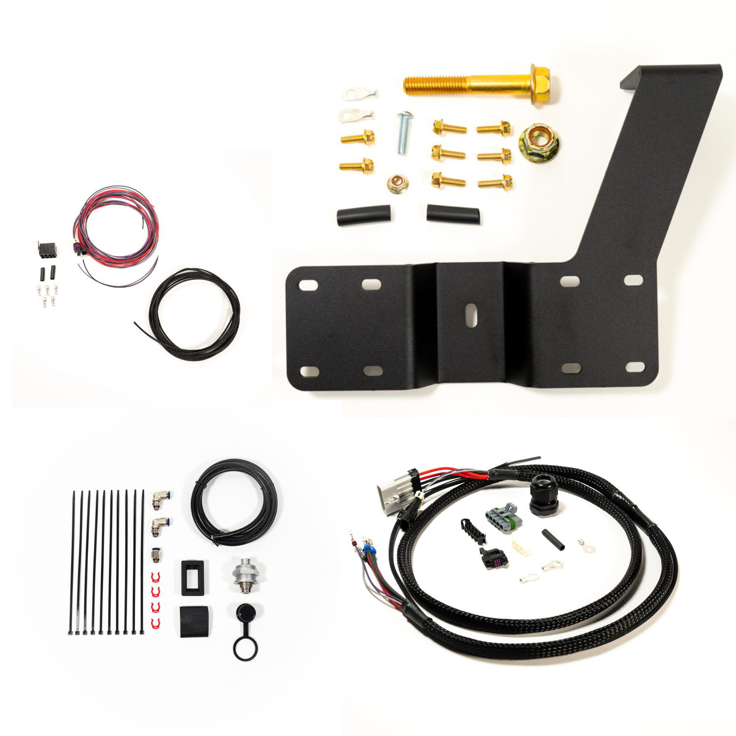SDHQ Built '24 Tacoma Air Compressor Mount Kit display of included parts and hardware 