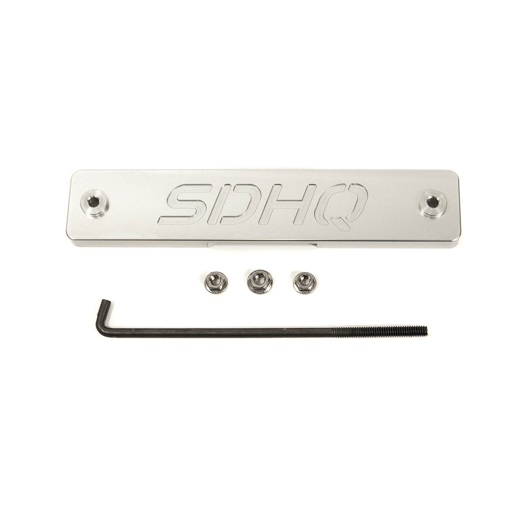 SDHQ Built Toyota Billet Battery Hold Down Display of Included parts 