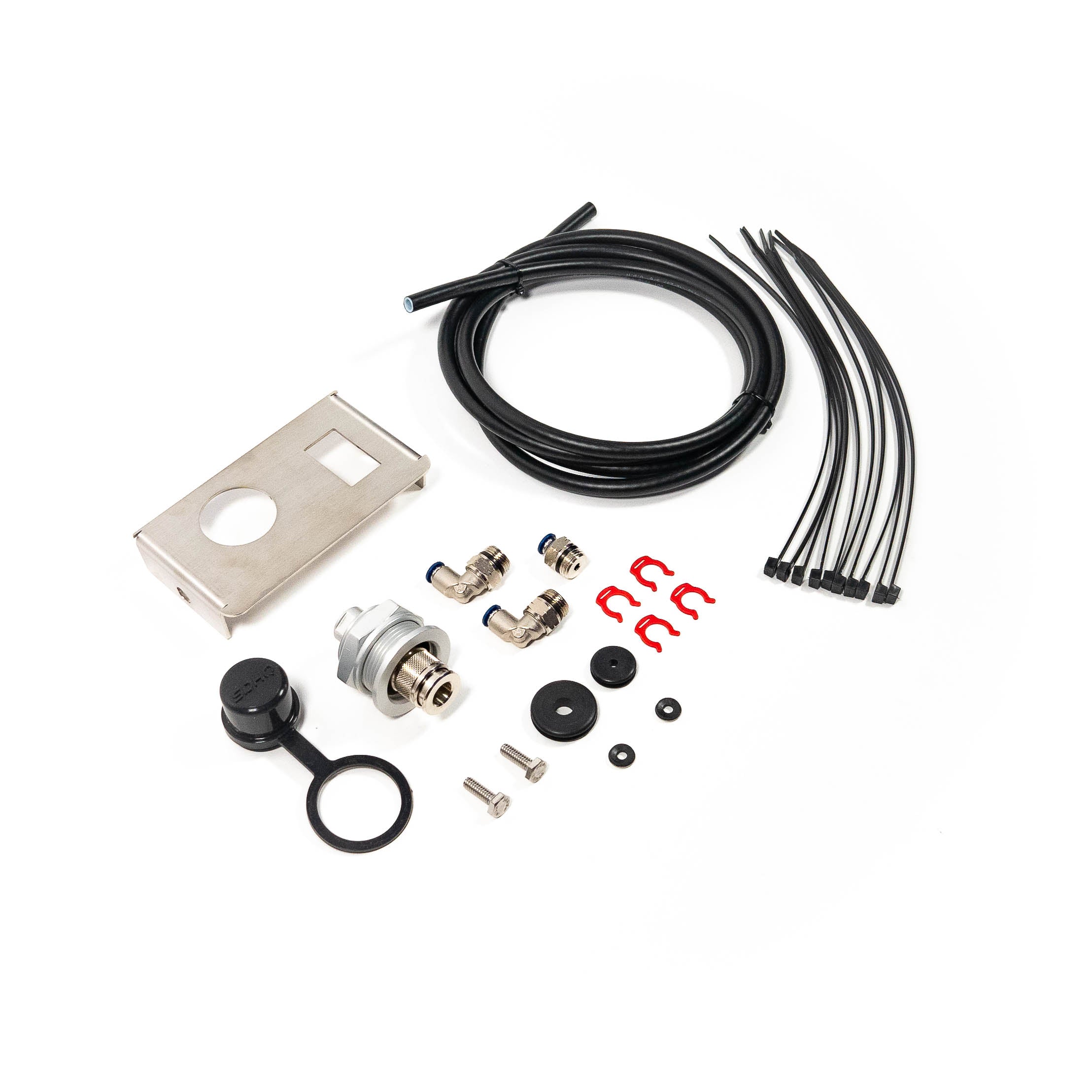 SDHQ Built '24+ Tacoma Bed Power Port Air Chuck and Switch Mount Kit display of included parts 