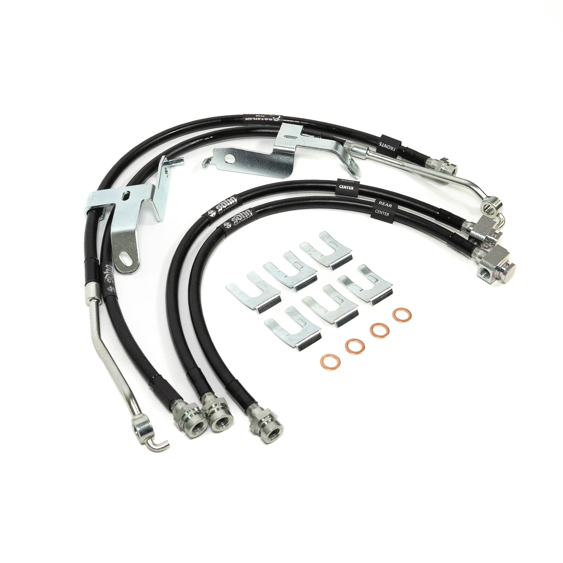 '21-23 Ford Bronco SDHQ Built Brake Line Kit Display of included parts and Hardware 
