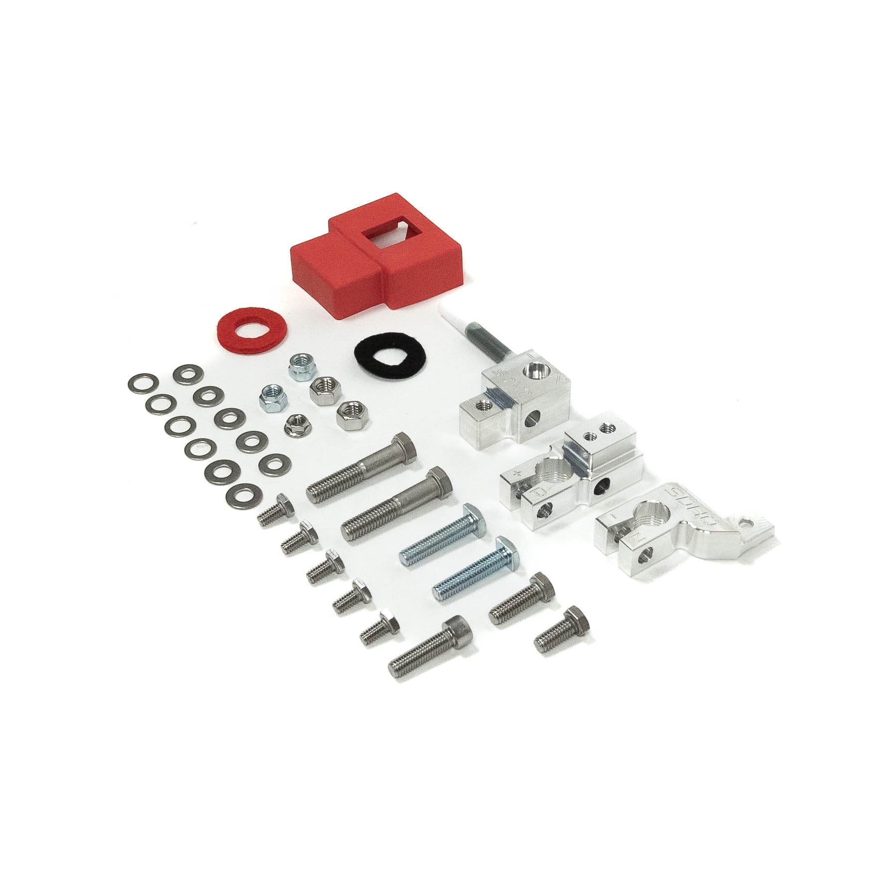 '21-24 Ford Bronco/Bronco Raptor SDHQ Built Billet Battery Terminal Kit Display of Included Parts and Hardware 