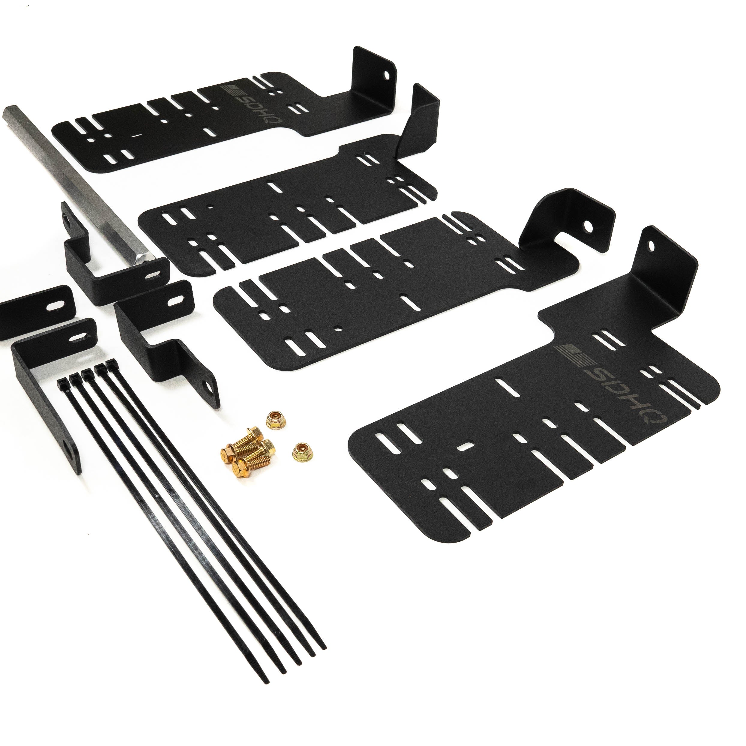 SDHQ Built '21-24 F150 / Raptor Behind the Grille Light Mounting Kit Display of included parts and hardware 