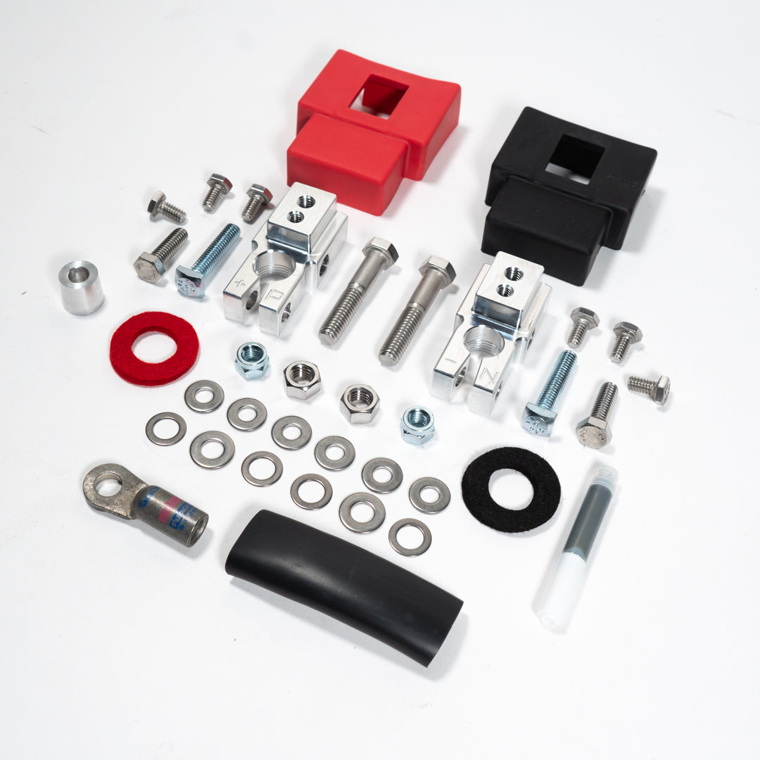 2015-2020 Ford F150/Raptor Complete Billet Battery Terminal Kit Display of Included Parts and Hardware 