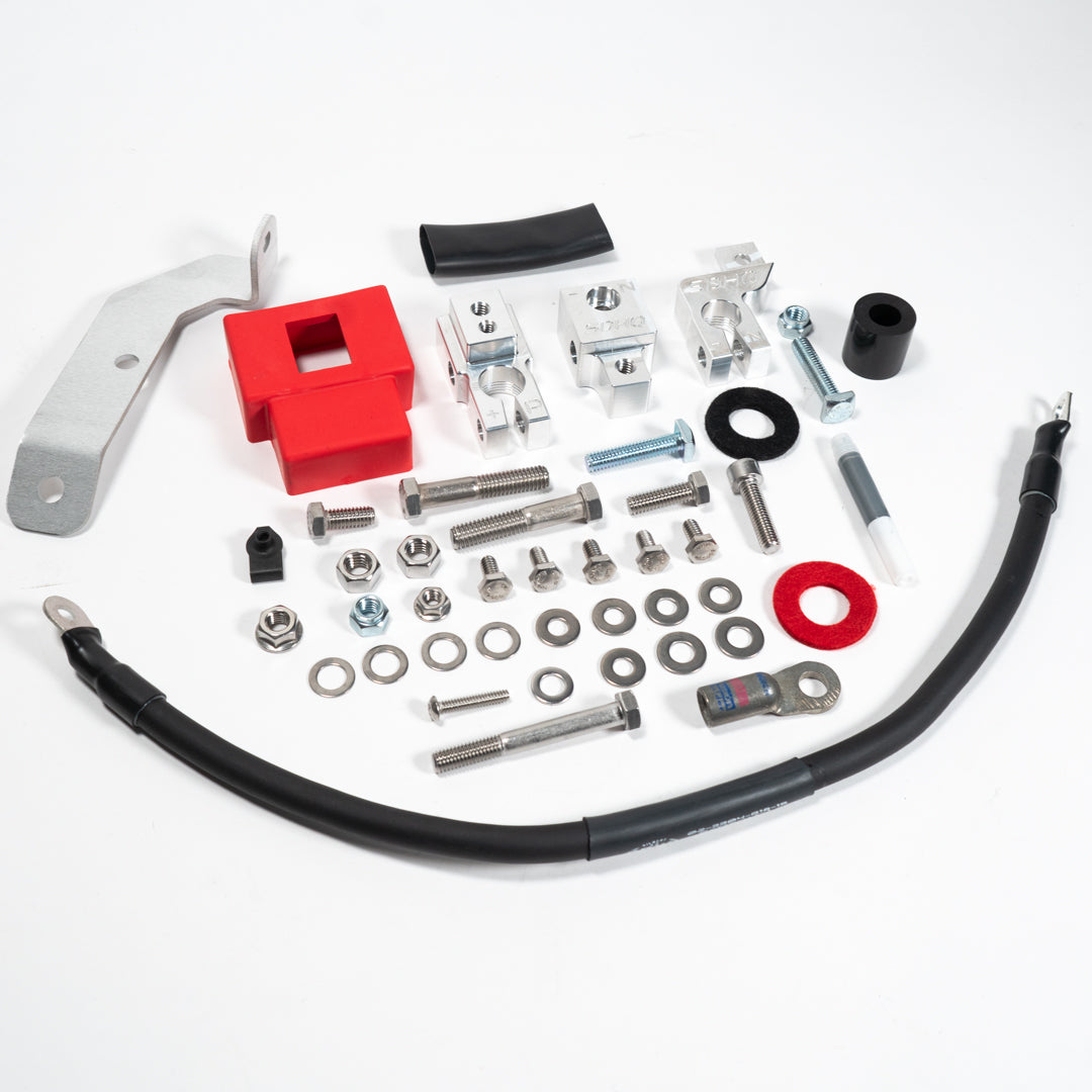 2015-2020 Ford F150/Raptor Complete Billet Battery Terminal Kit Display of Included Parts and Hardware 