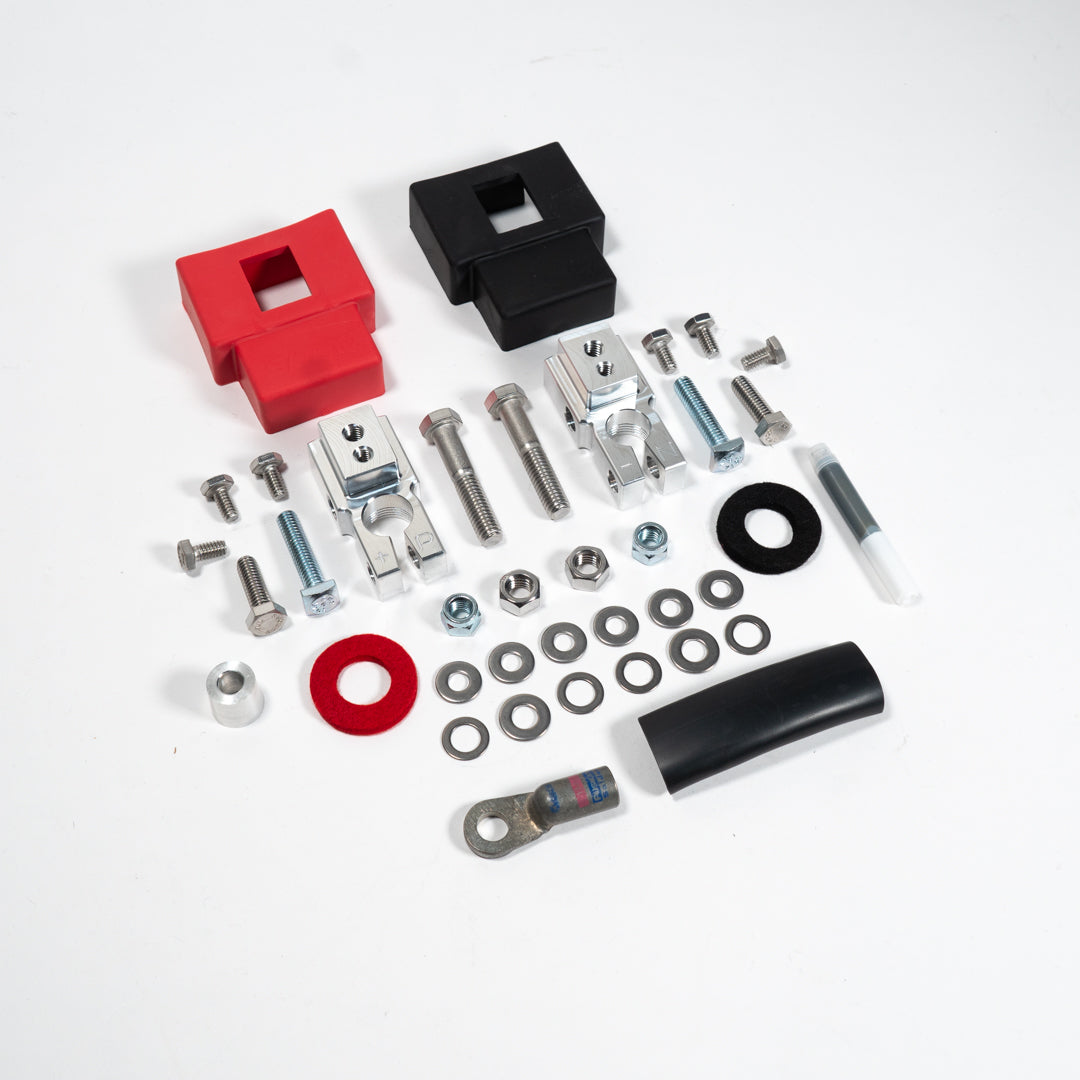 2015-2020 Ford F150/Raptor Complete Billet Battery Terminal Kit Display of included parts and hardware