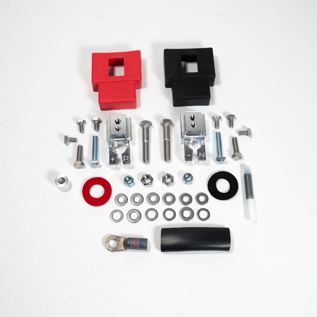 2015-2020 Ford F150/Raptor Complete Billet Battery Terminal Kit Display of included parts and Hardware 