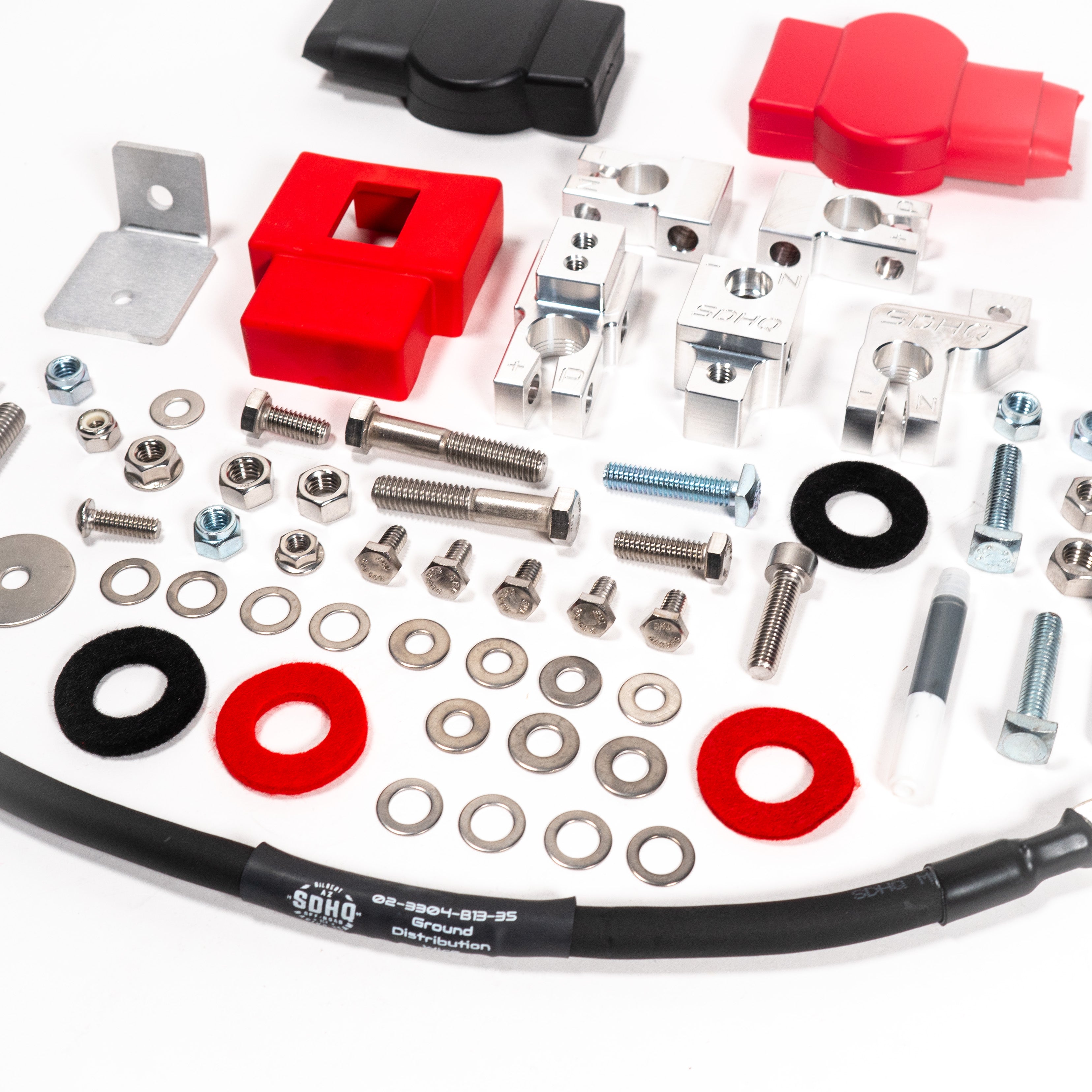 2023-2024 Ford F250/F350 Billet Dual Battery Terminal Upgrade Kit Display of included parts and hardware 