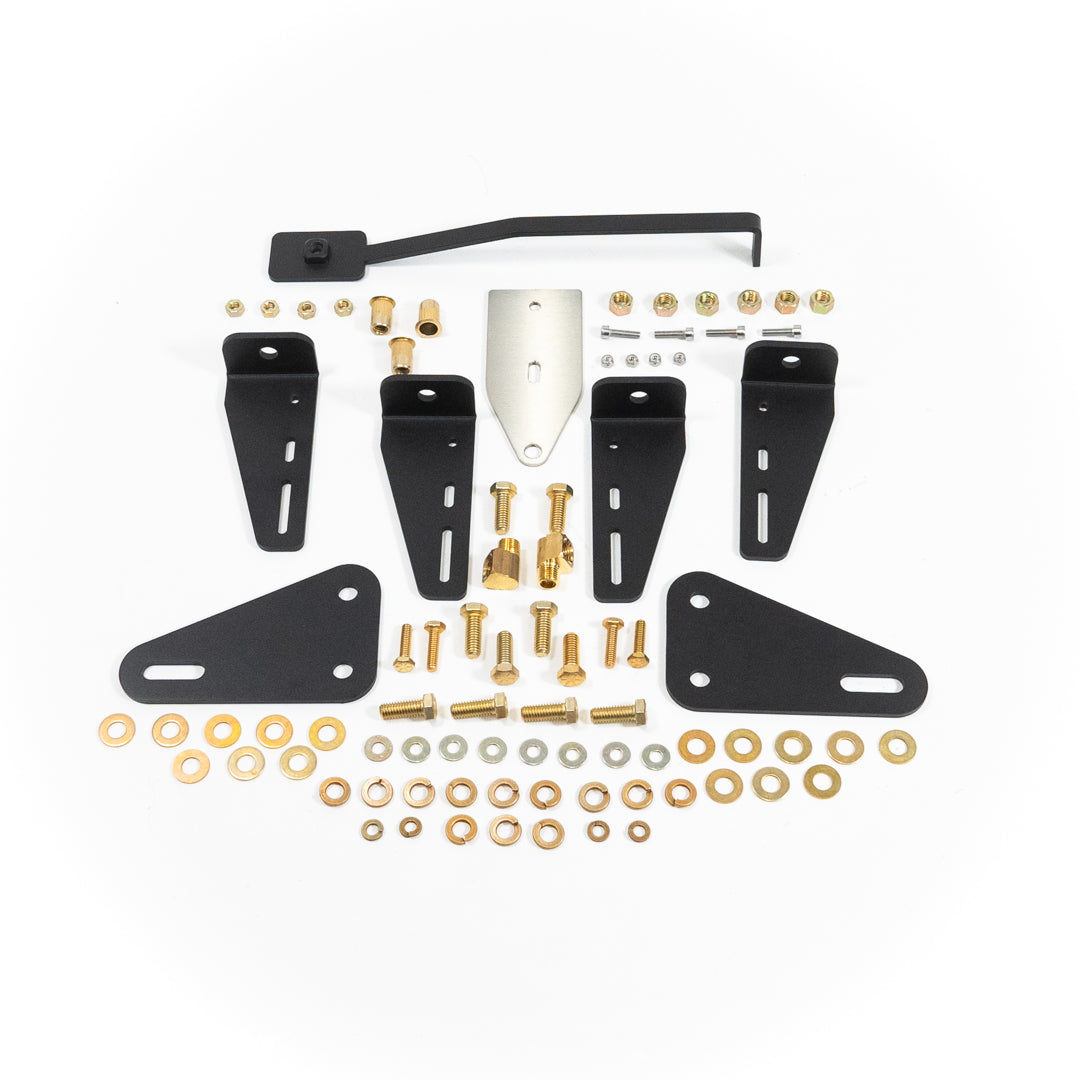 '17-24 F250/F350 Under-Bed Air Compressor Mounting Kit - Retains Spare Tire Display of included parts and hardware 