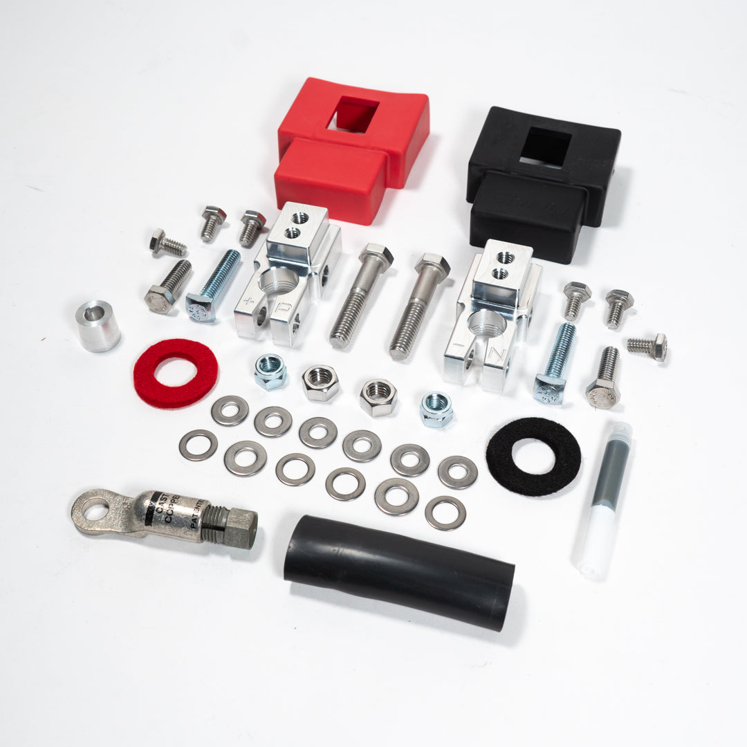 2015-2020 Ford F150/Raptor Complete Billet Battery Terminal Kit Display of Included Parts and Hardware 
