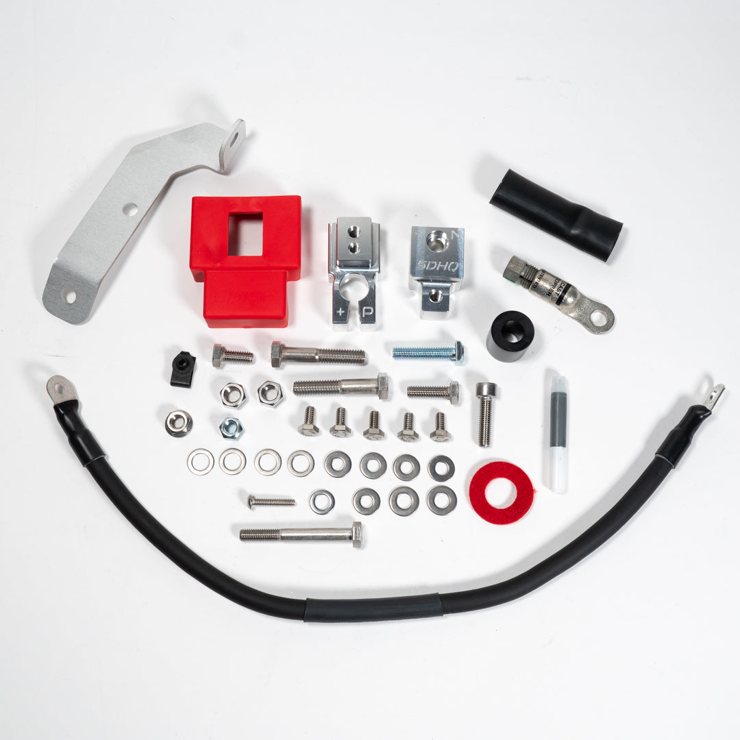 2015-2020 Ford F150/Raptor Complete Billet Battery Terminal Kit Display of Included Parts and Hardware 