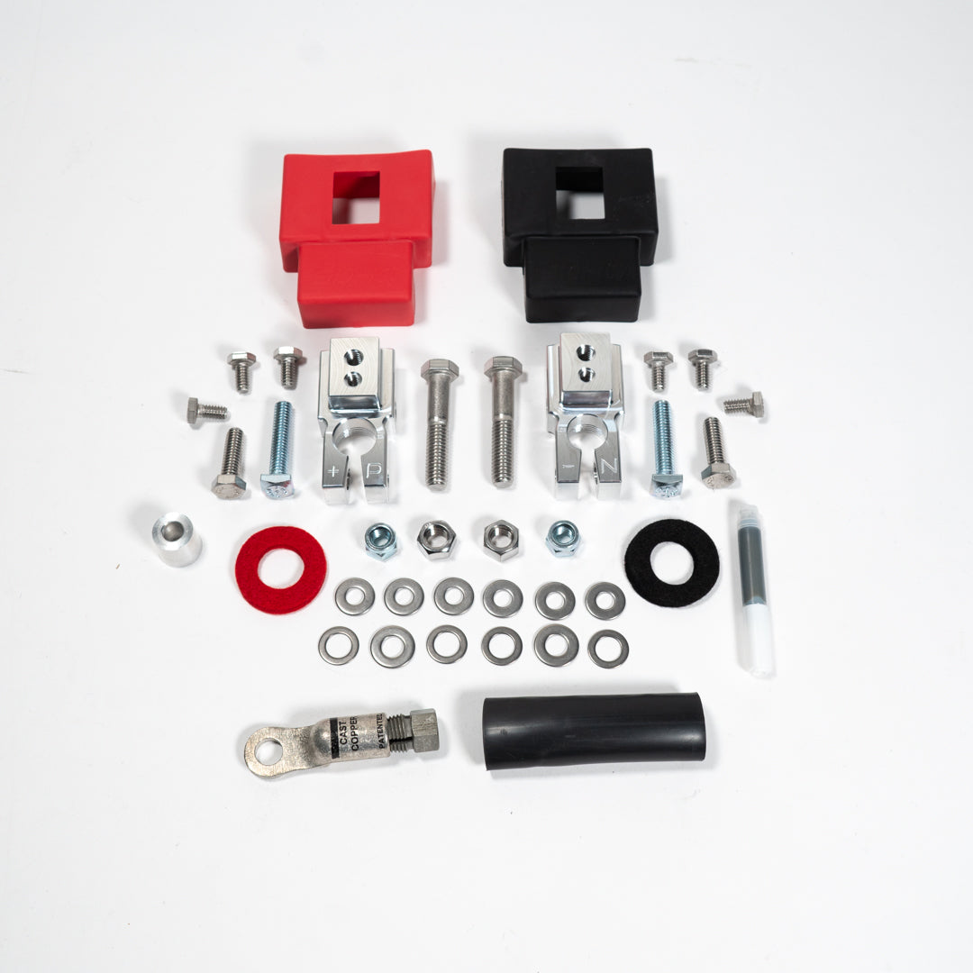 2015-2020 Ford F150/Raptor Complete Billet Battery Terminal Kit Display of Included Parts and Hardware 