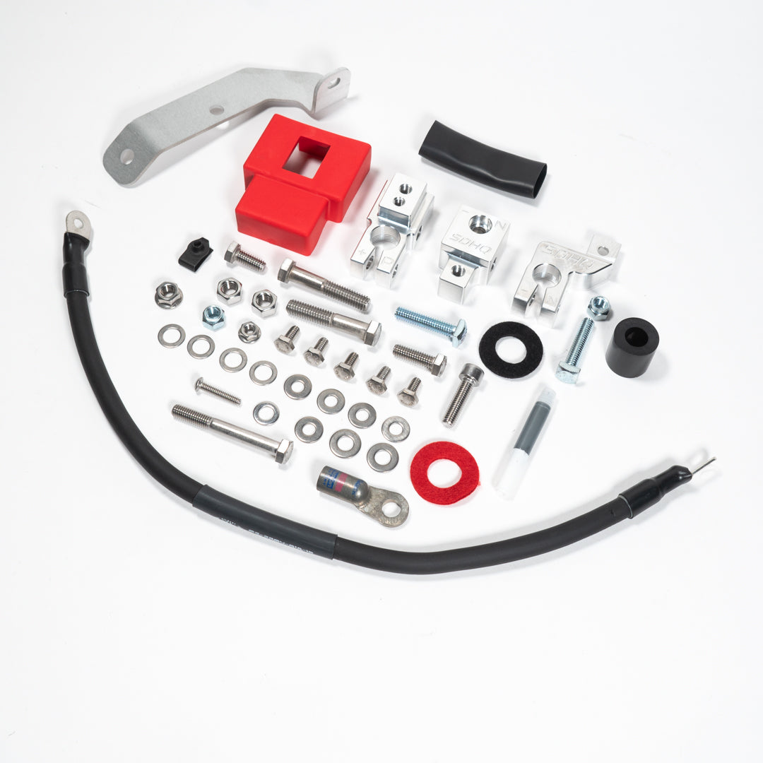 2015-2020 Ford F150/Raptor Complete Billet Battery Terminal Kit Display of Included Parts and Hardware 